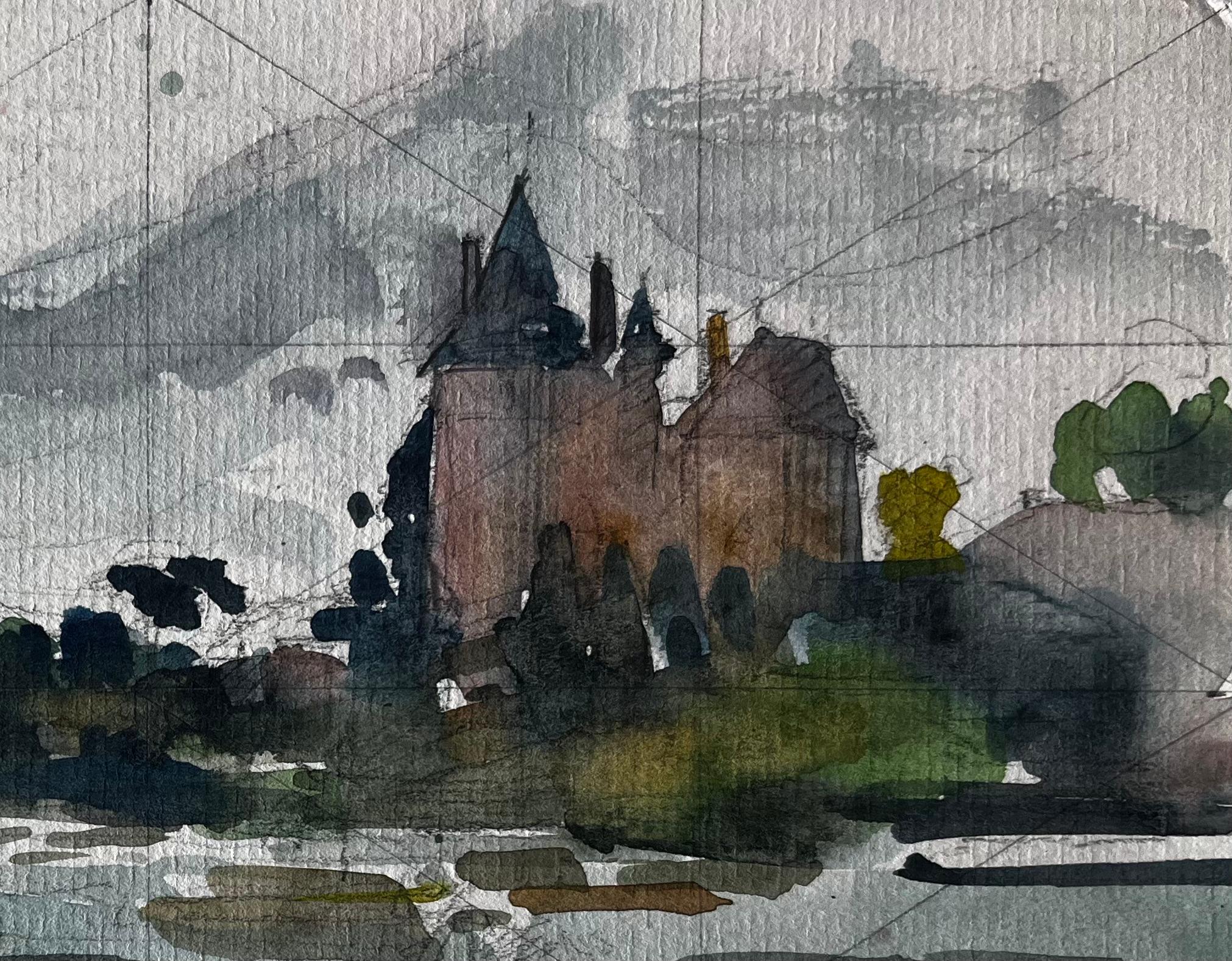 Château français au bord de l'eau Etude d'atmosphère Aquarelle de Pierre Neveu en vente 2