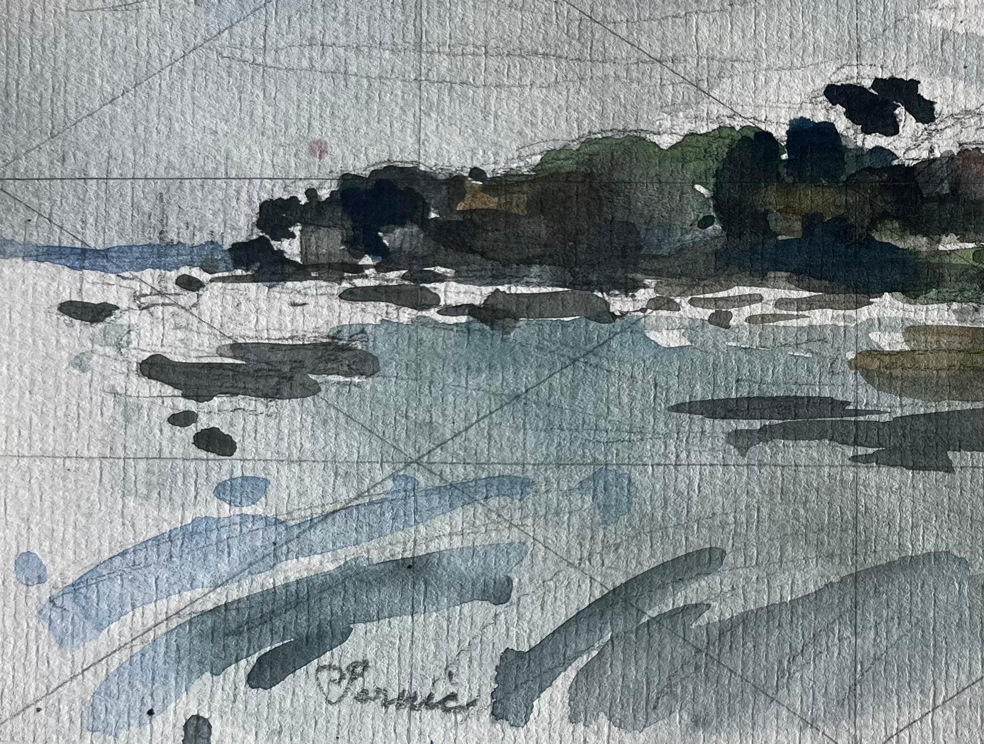 Château français au bord de l'eau Etude d'atmosphère Aquarelle de Pierre Neveu en vente 4