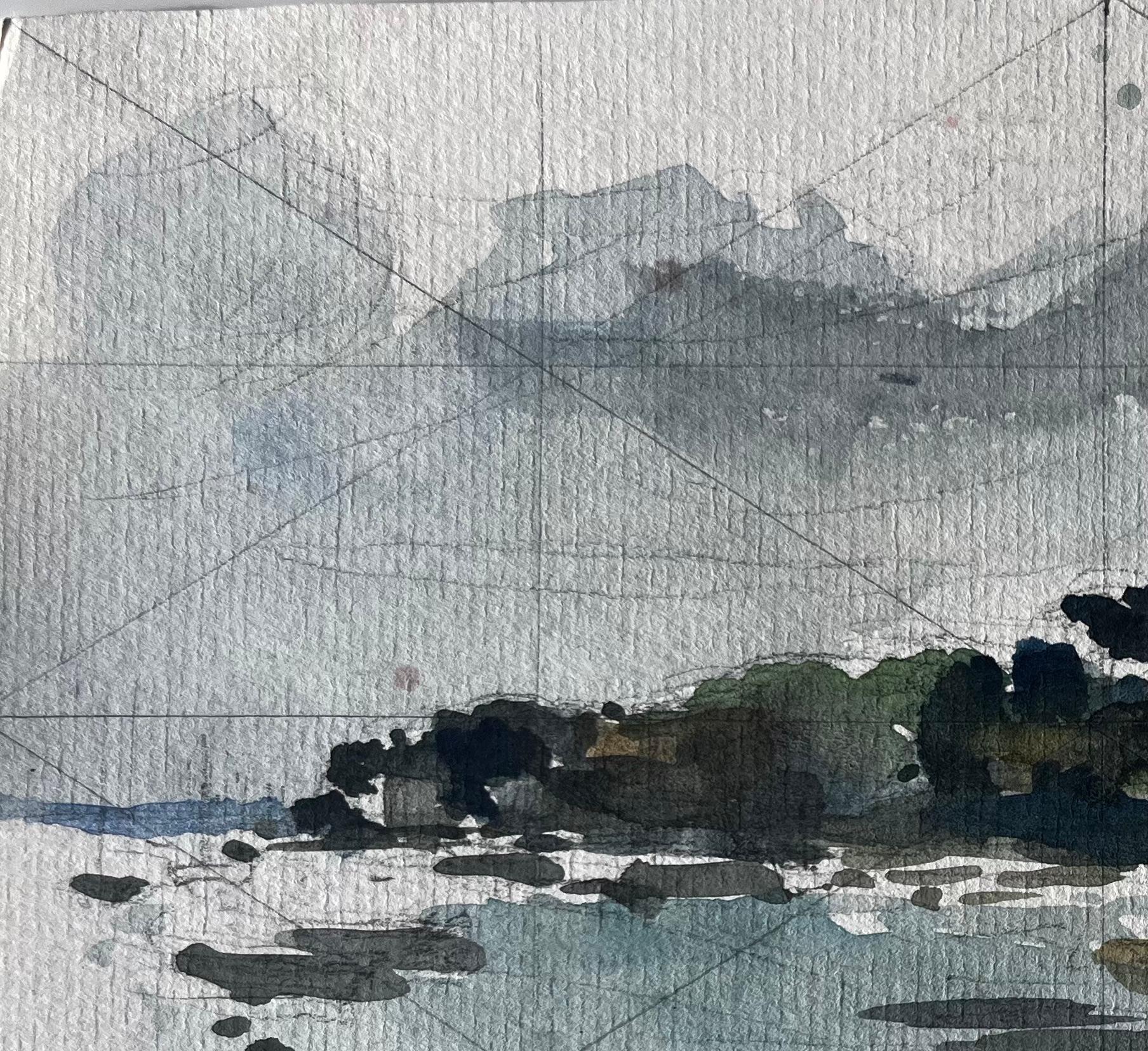 Château français au bord de l'eau Etude d'atmosphère Aquarelle de Pierre Neveu en vente 5