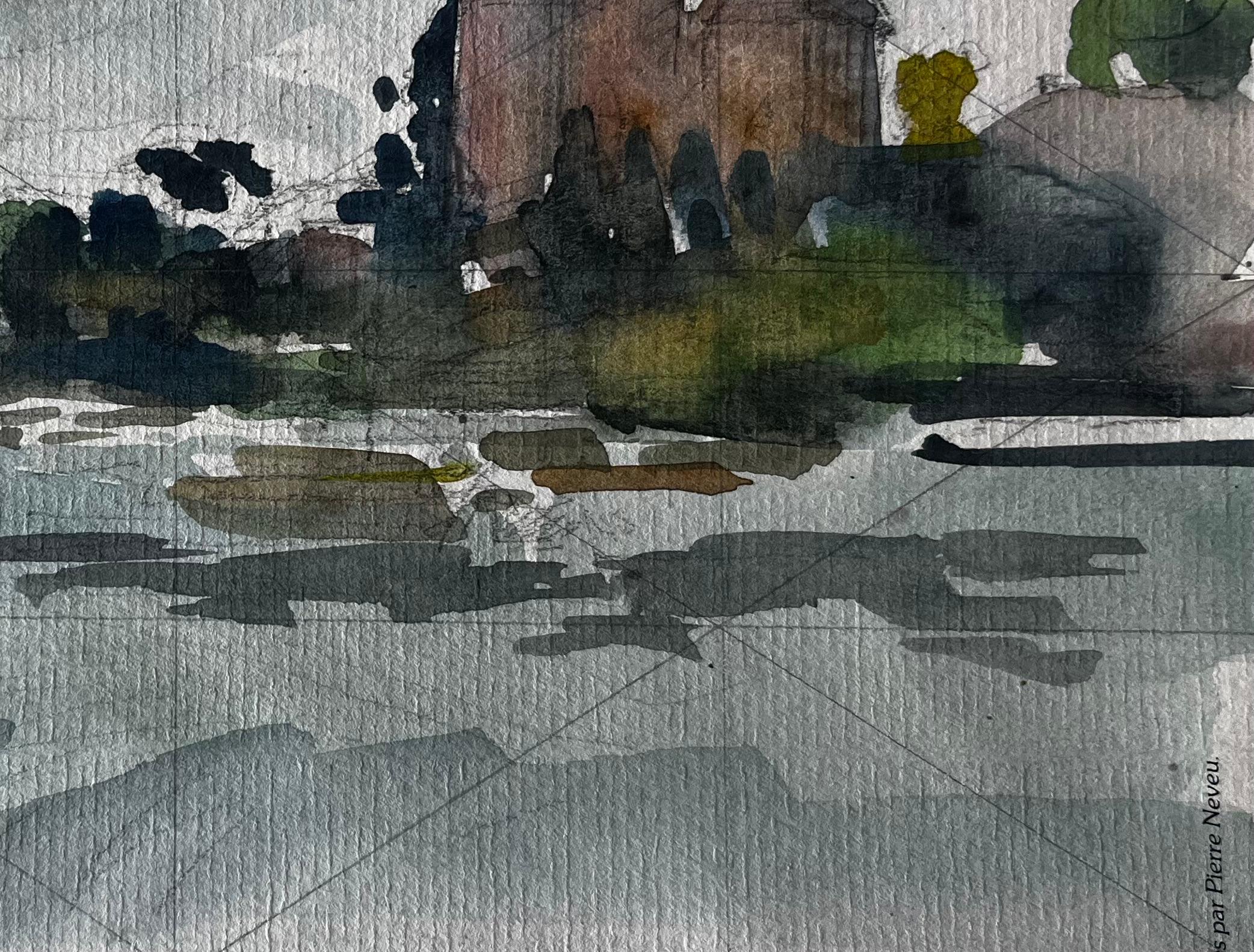 Château français au bord de l'eau Etude d'atmosphère Aquarelle de Pierre Neveu en vente 3