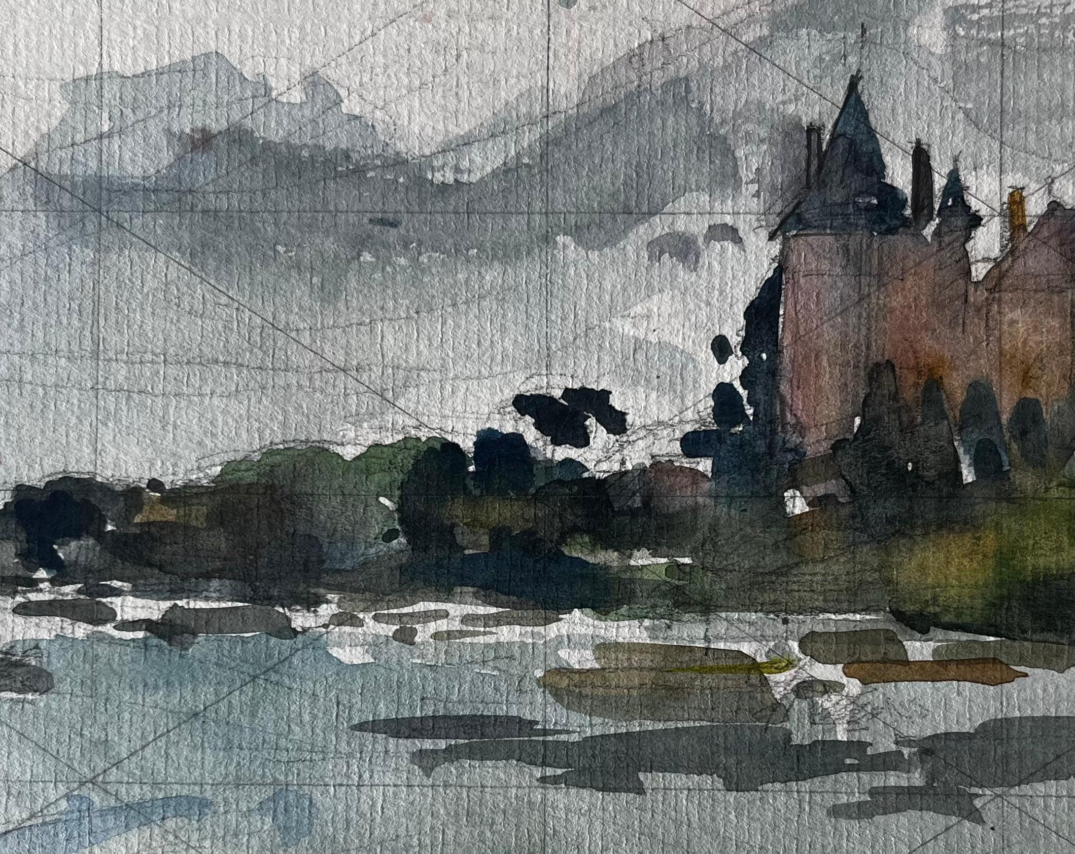 Château français au bord de l'eau Etude d'atmosphère Aquarelle de Pierre Neveu en vente 6