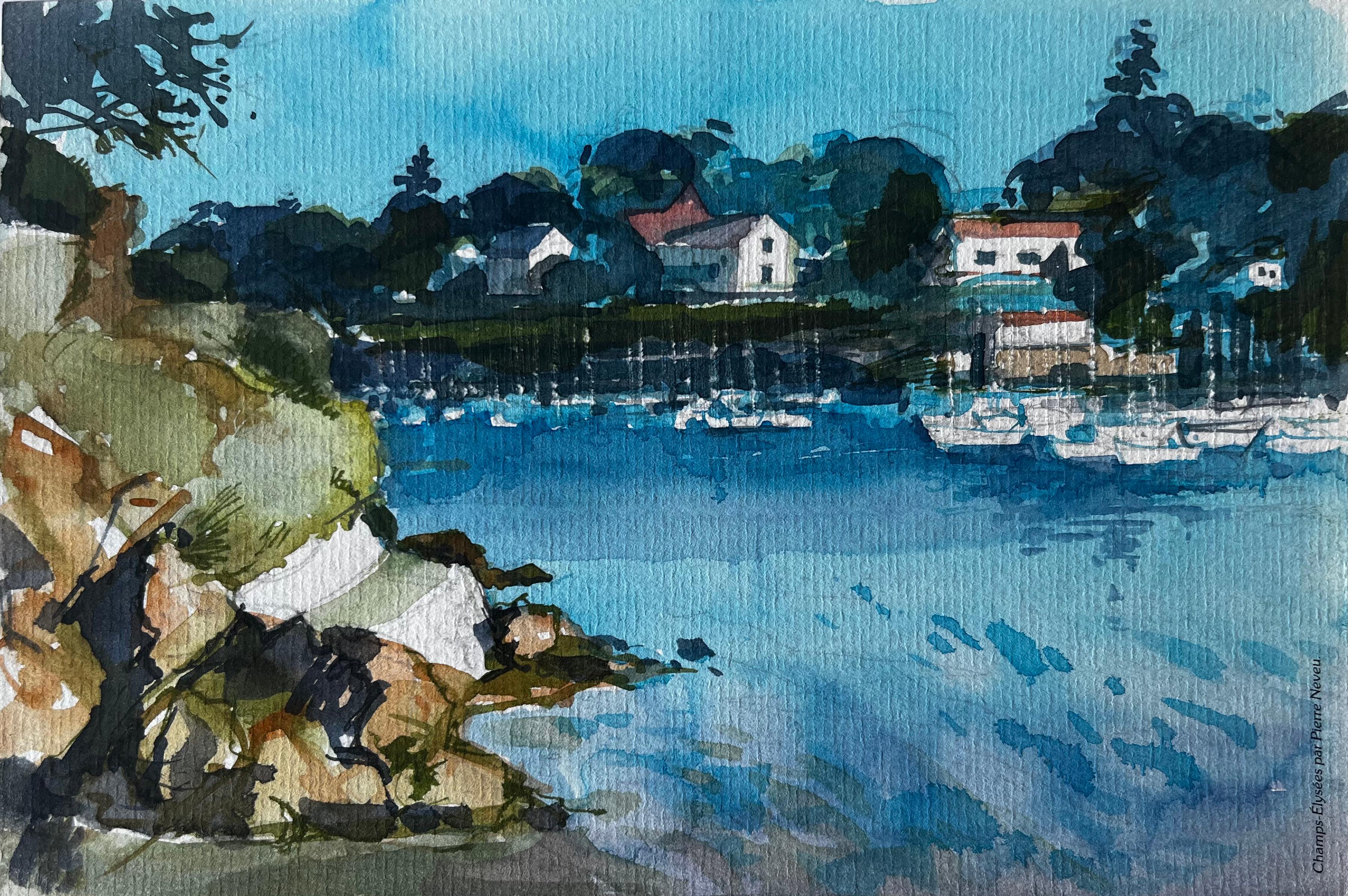 Port français avec bateaux amarrés et maisons sur la falaise Aquarelle de Pierre Neveu