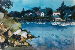 Porto francese con barche ormeggiate e case sulla scogliera Acquerello di Pierre Neveu