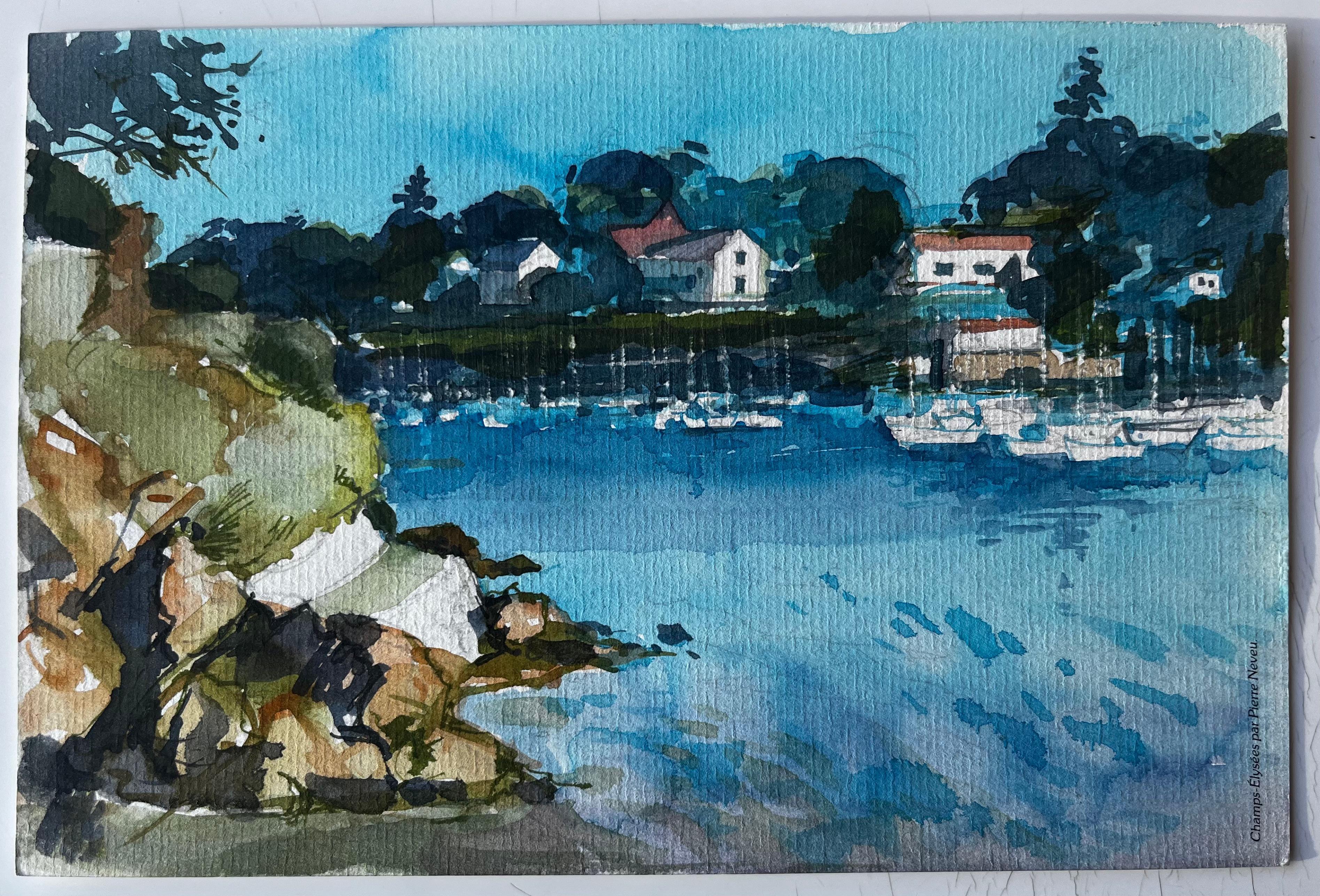 Port français avec bateaux amarrés et maisons sur la falaise Aquarelle de Pierre Neveu en vente 1