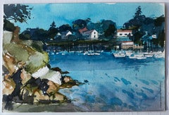 French Harbour with Moored Boats and Clifftop Houses Watercolour by Pierre Neveu