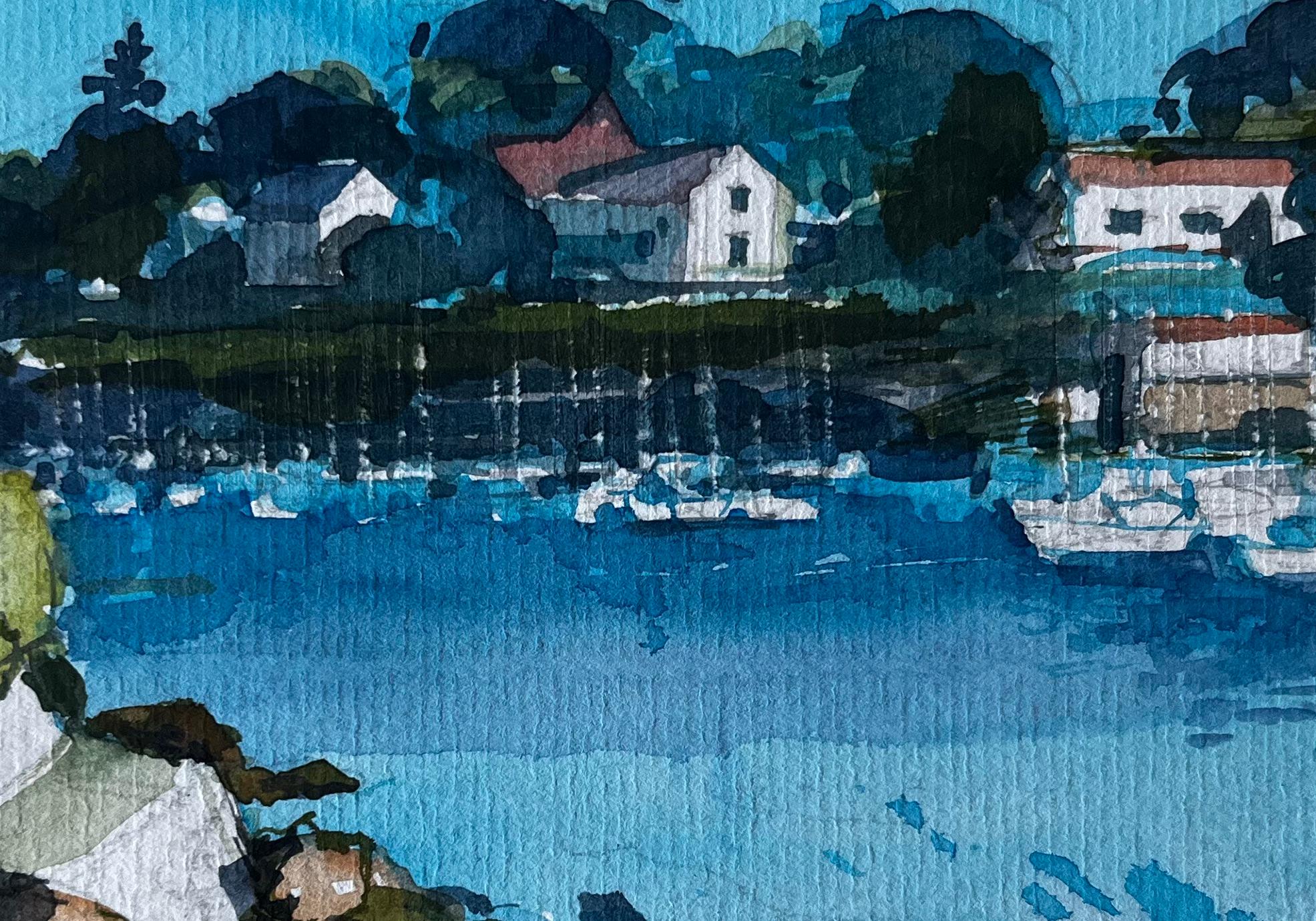 Port français avec bateaux amarrés et maisons sur la falaise Aquarelle de Pierre Neveu en vente 6