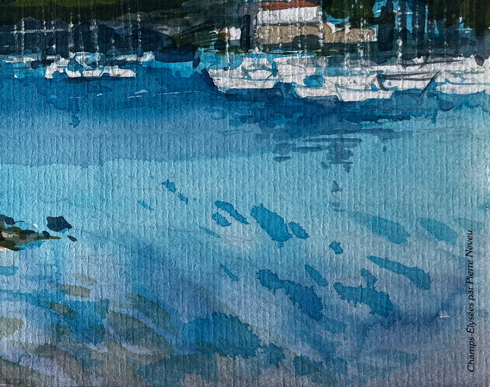 Port français avec bateaux amarrés et maisons sur la falaise Aquarelle de Pierre Neveu en vente 3