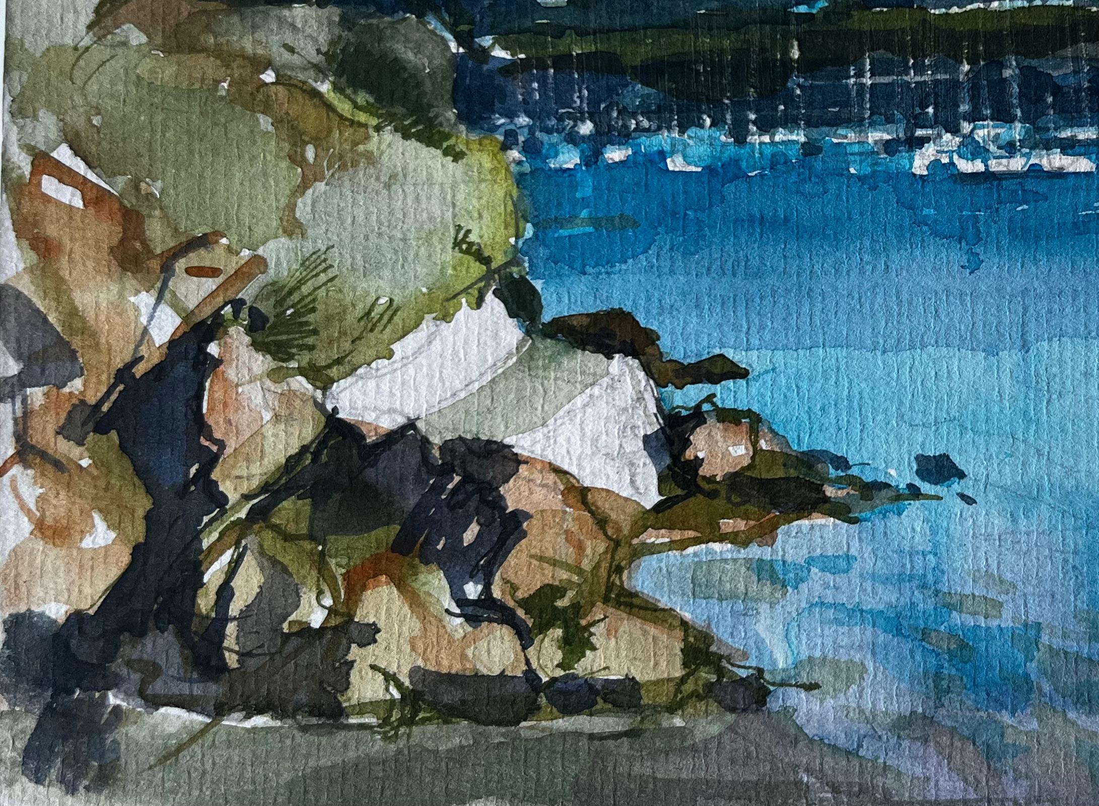 Port français avec bateaux amarrés et maisons sur la falaise Aquarelle de Pierre Neveu en vente 5