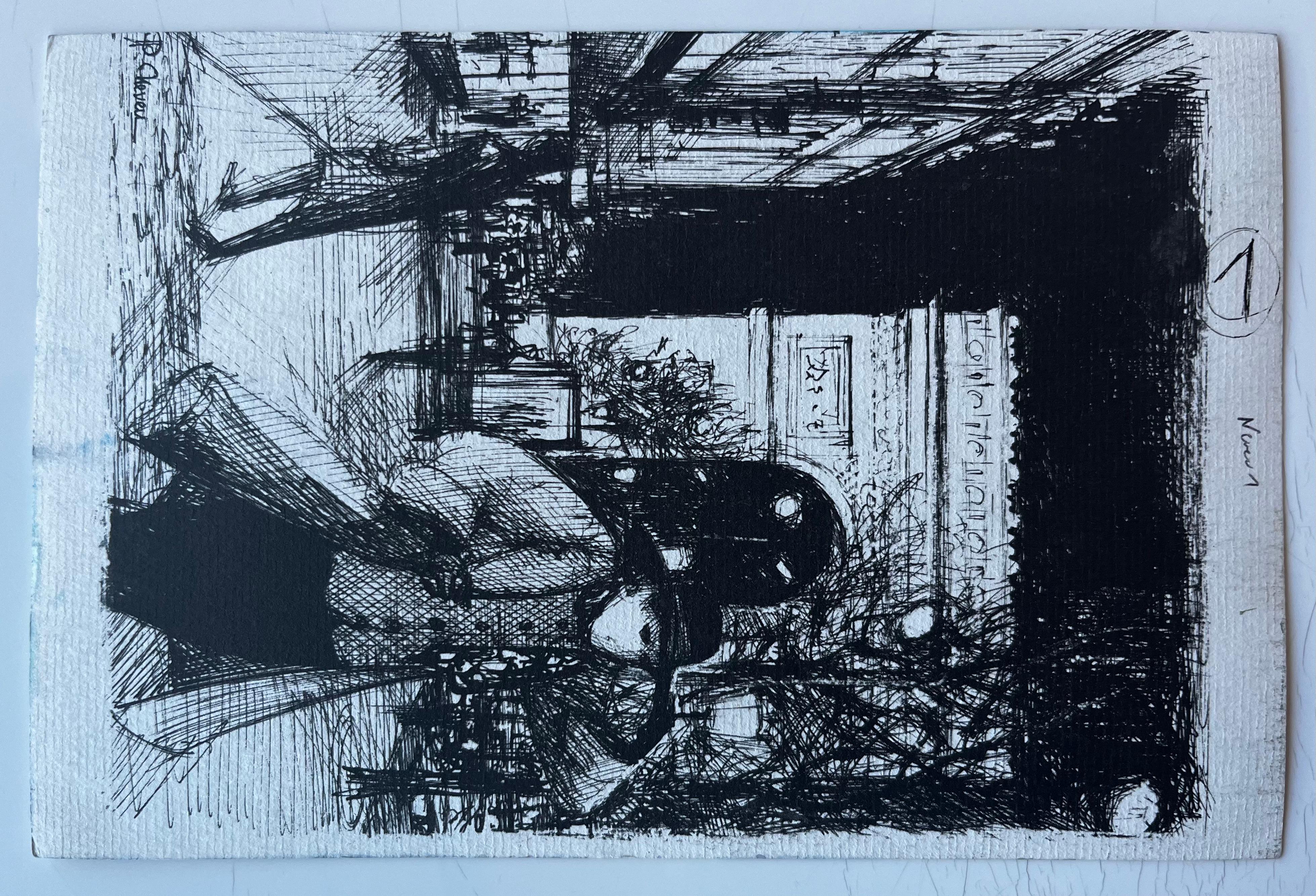 Port français avec bateaux amarrés et maisons sur la falaise Aquarelle de Pierre Neveu en vente 7