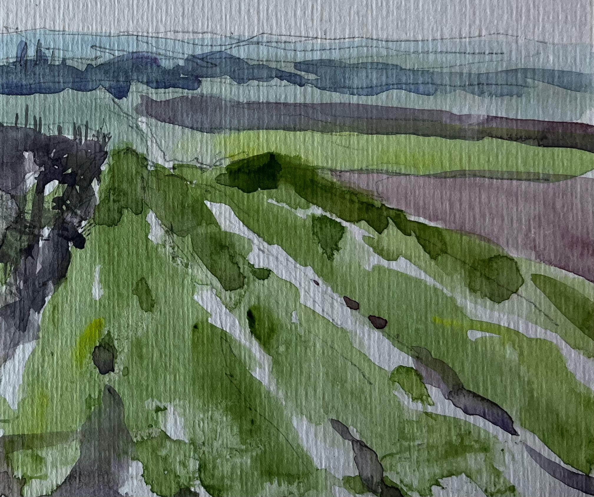 Extensa campiña francesa con horizonte lejano Acuarela de Pierre Neveu en venta 5