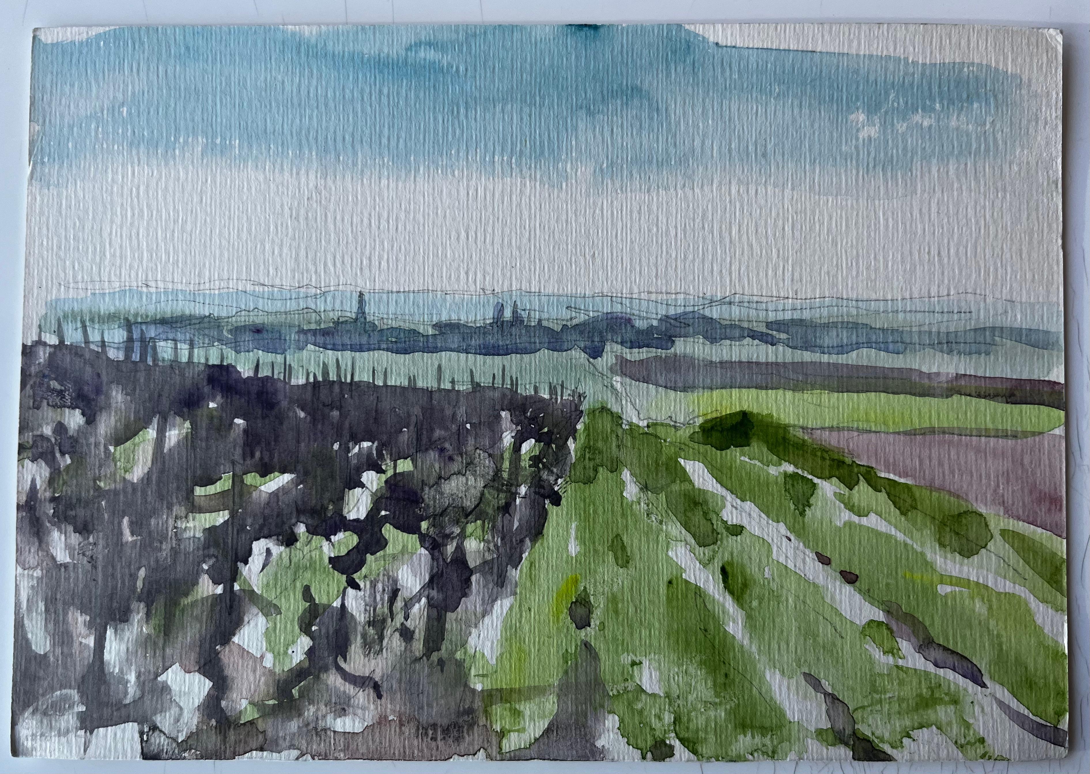 Extensa campiña francesa con horizonte lejano Acuarela de Pierre Neveu en venta 1