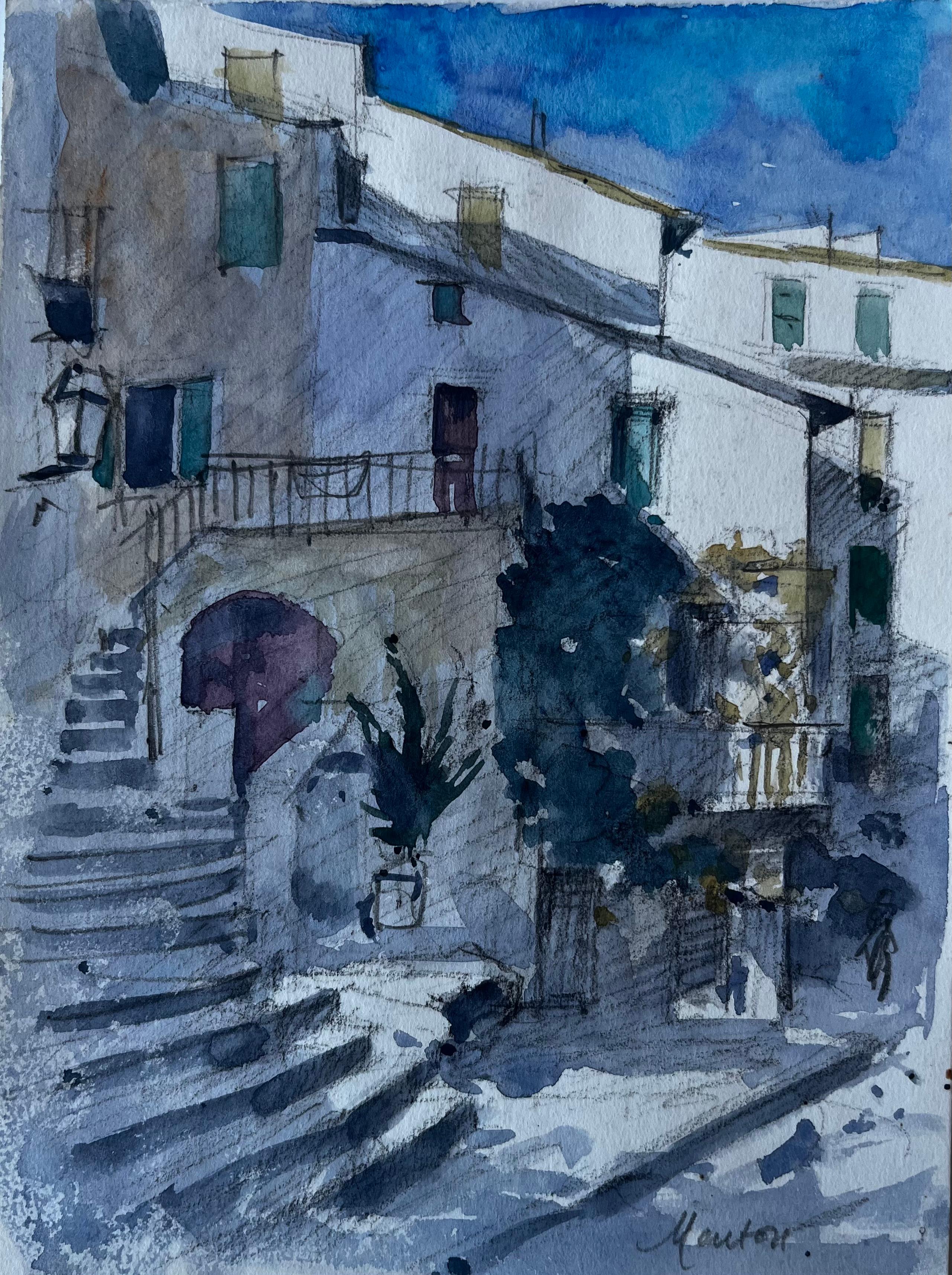 Passi illuminati dal sole a Mentone Scena di strada della Costa Azzurra Acquerello di Pierre Neveu