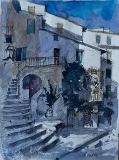 Sunlit Steps in Menton French Riviera Street Scene Watercolour by Pierre Neveu