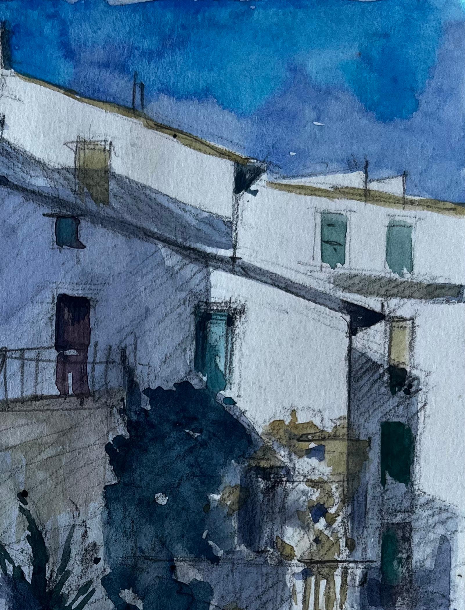 Passi illuminati dal sole a Mentone Scena di strada della Costa Azzurra Acquerello di Pierre Neveu in vendita 3