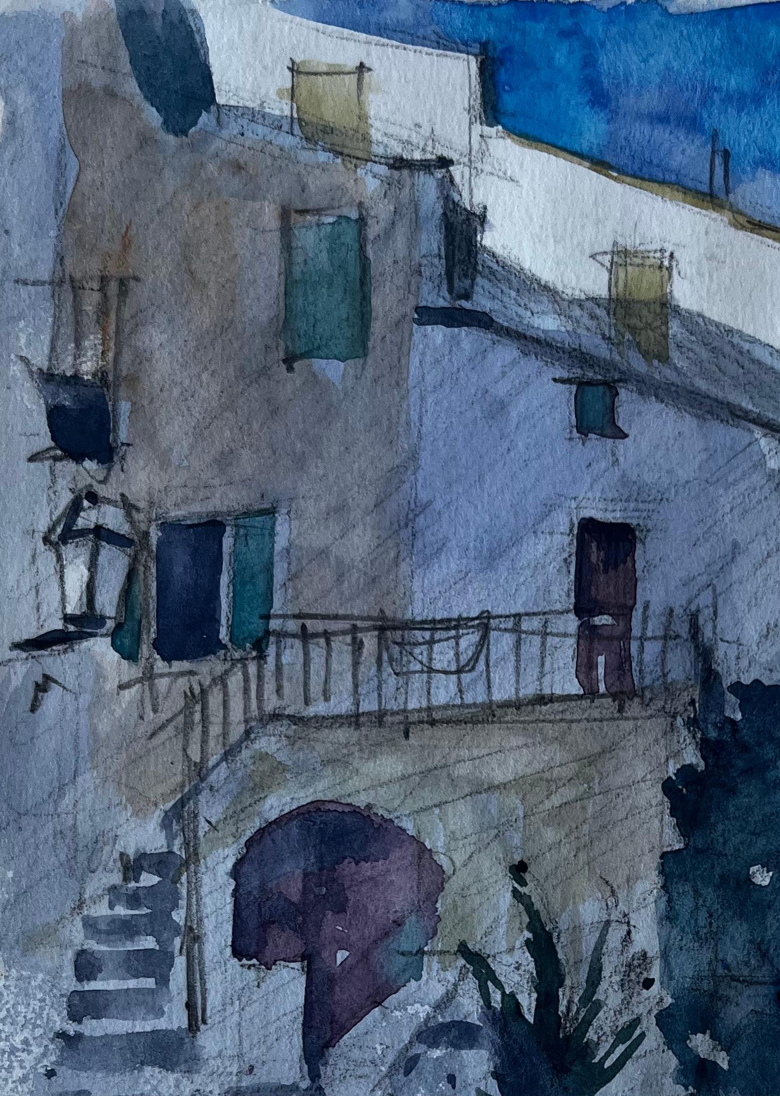 Passi illuminati dal sole a Mentone Scena di strada della Costa Azzurra Acquerello di Pierre Neveu in vendita 2