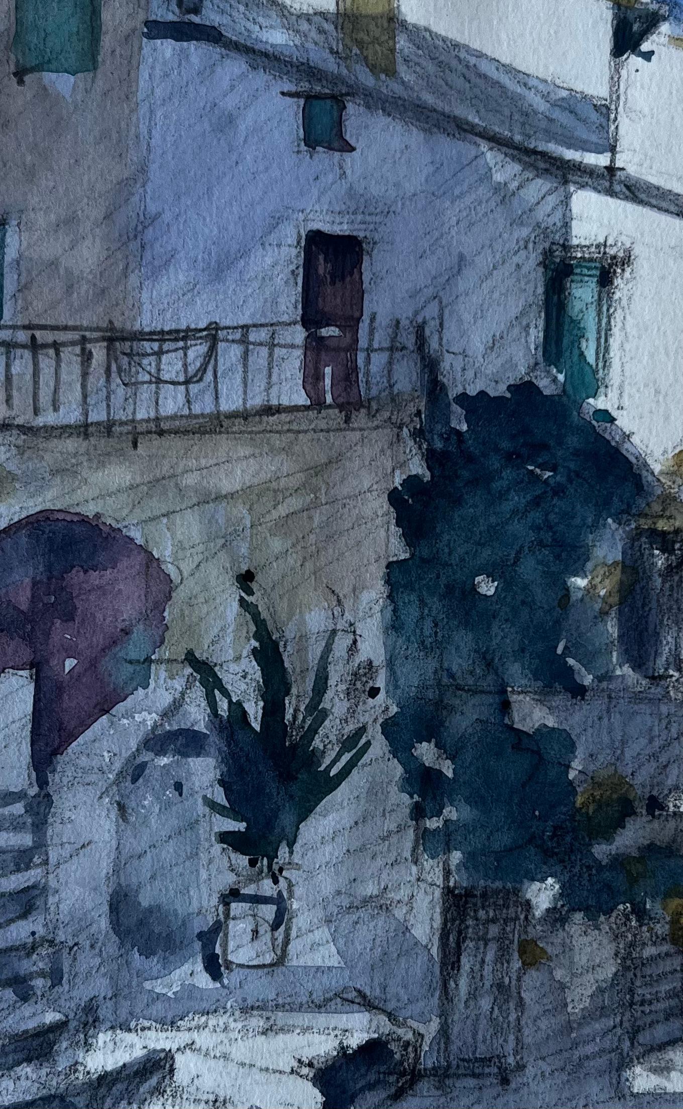 Passi illuminati dal sole a Mentone Scena di strada della Costa Azzurra Acquerello di Pierre Neveu in vendita 6