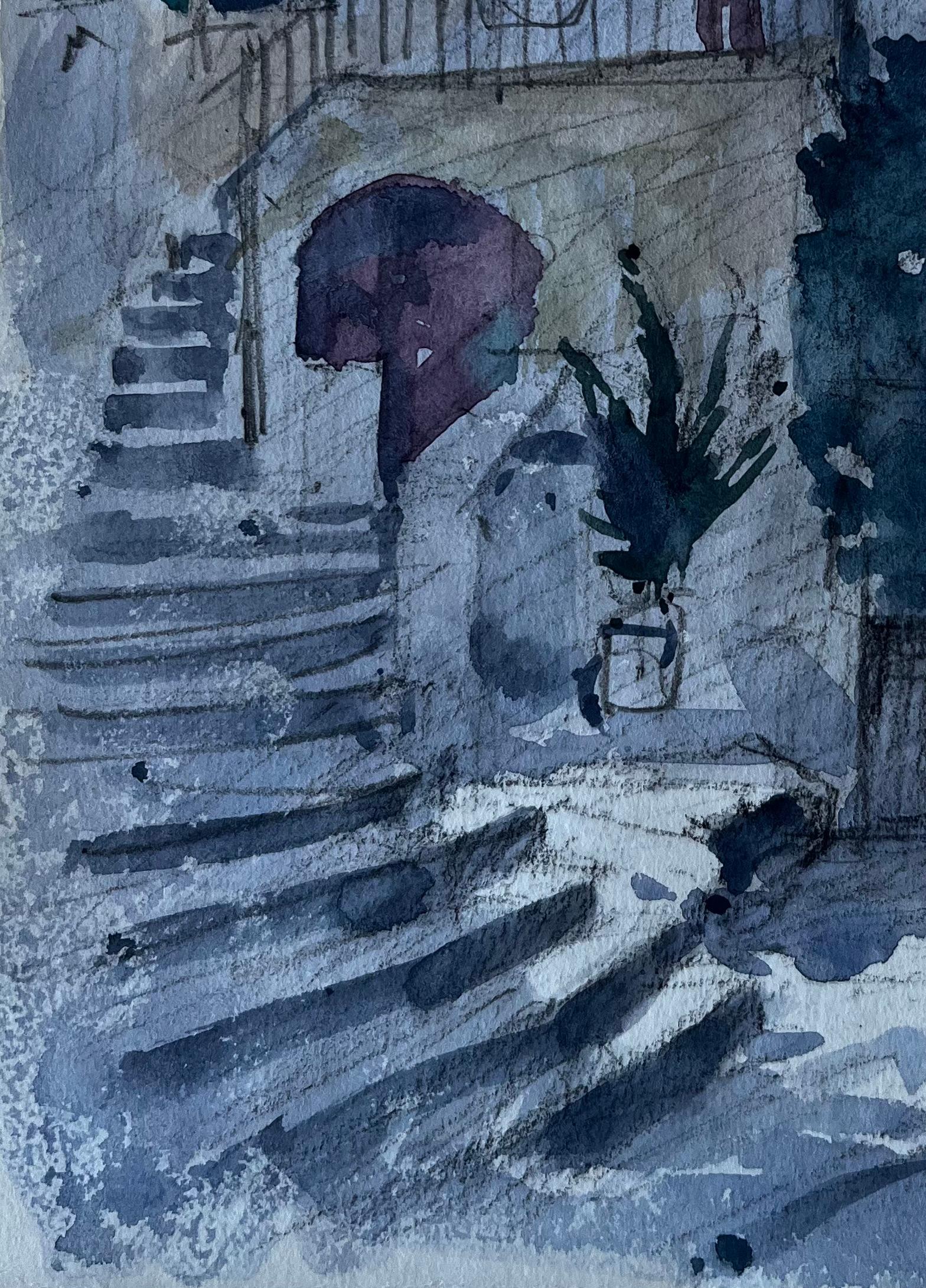 Passi illuminati dal sole a Mentone Scena di strada della Costa Azzurra Acquerello di Pierre Neveu in vendita 5