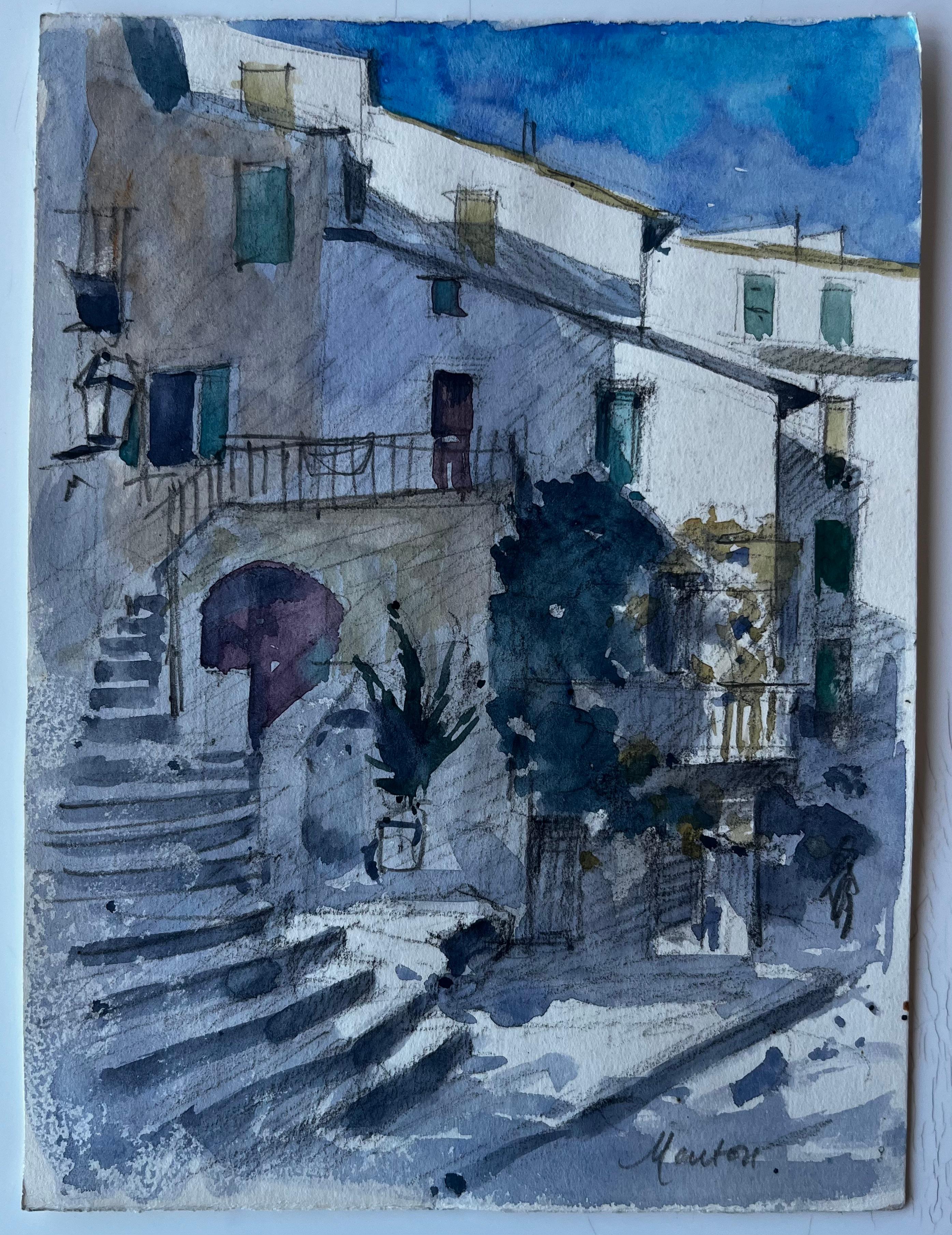 Passi illuminati dal sole a Mentone Scena di strada della Costa Azzurra Acquerello di Pierre Neveu in vendita 1