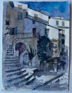 Sunlit Steps in Menton French Riviera Street Scene Watercolour by Pierre Neveu