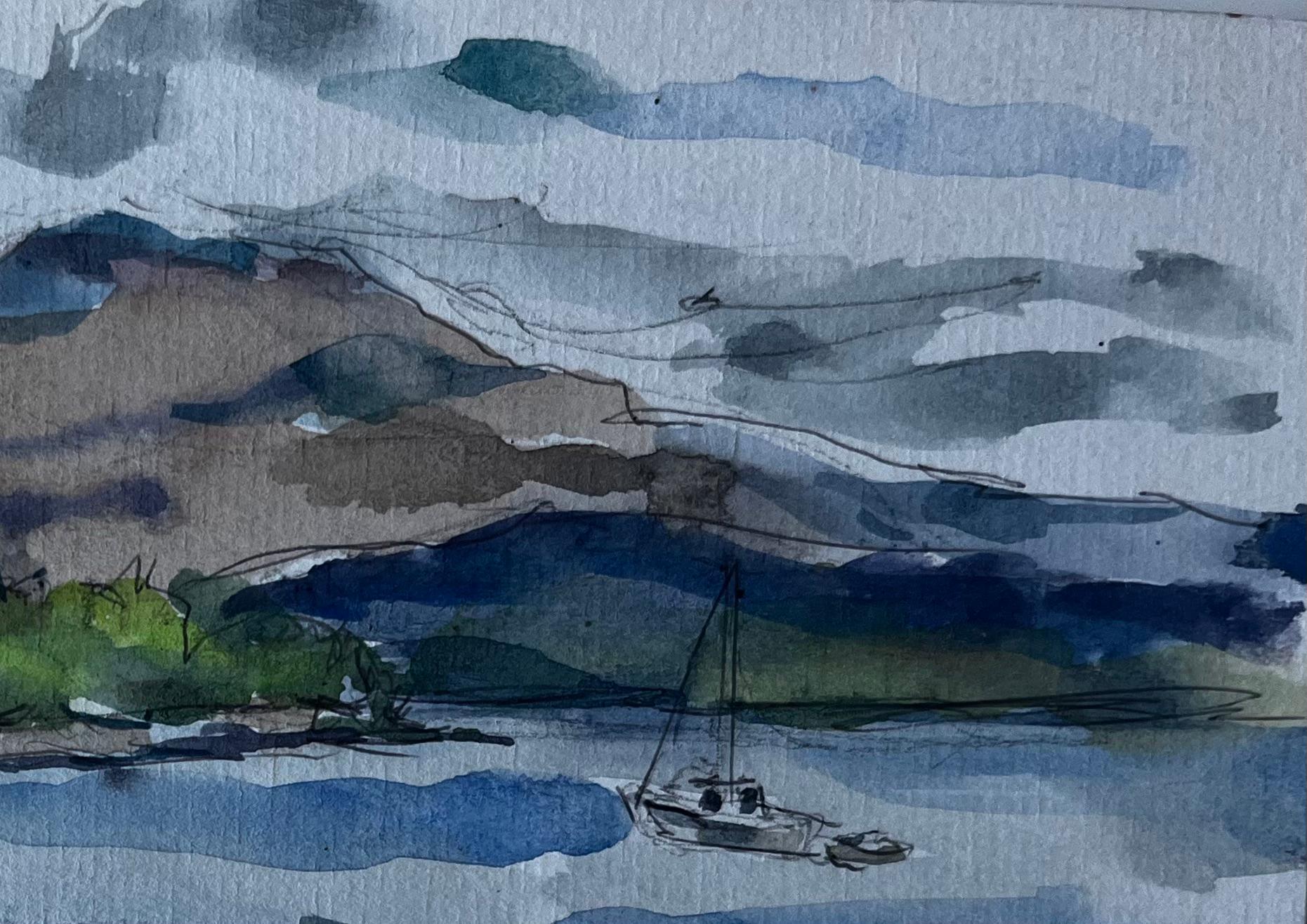 Paesaggio delle Highlands scozzesi di Loch Lomond Acquerello di Pierre Neveu in vendita 2