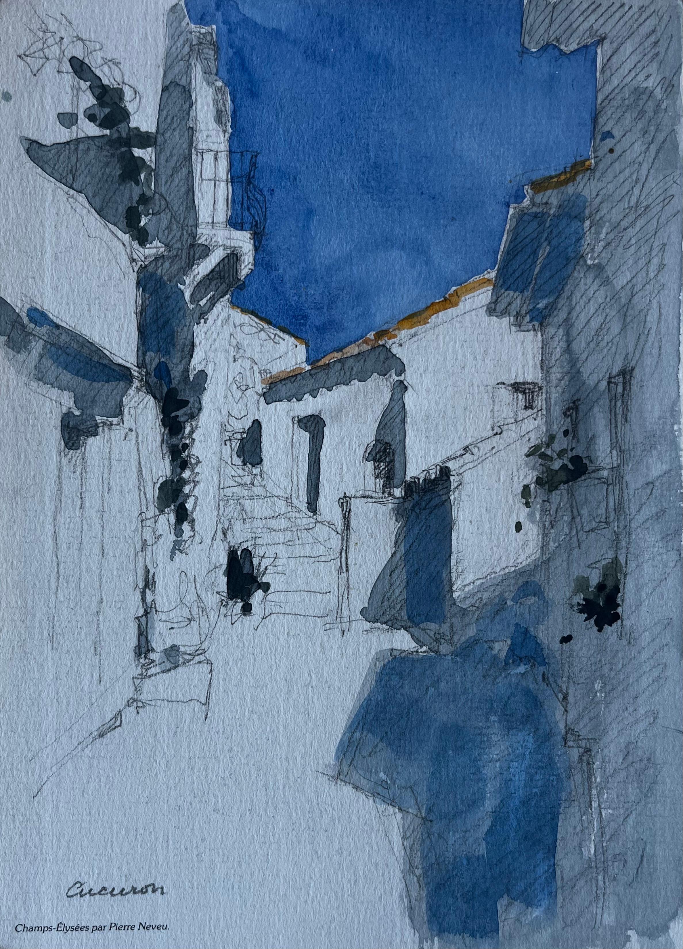 Cucuron Provenza - Scena di strada illuminata dal sole - Acquerello di Pierre Neveu, artista francese