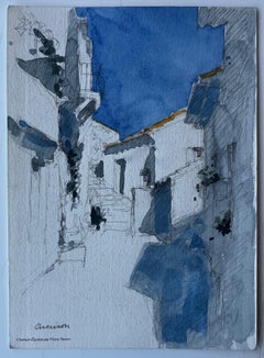 Cucuron Provence Sunlit Street Scene Watercolour by Pierre Neveu French Artist