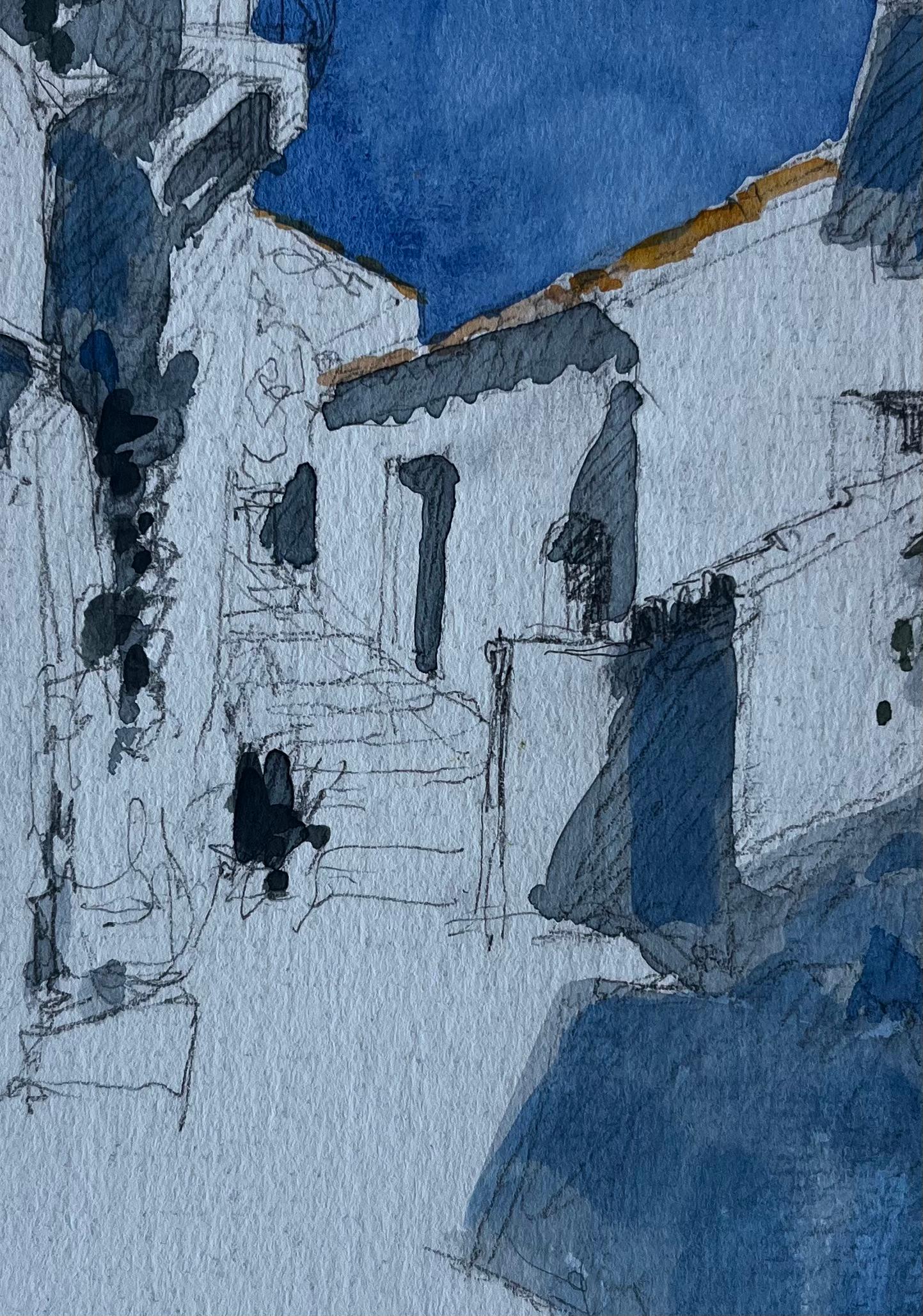 Cucuron Provenza - Scena di strada illuminata dal sole - Acquerello di Pierre Neveu, artista francese in vendita 6