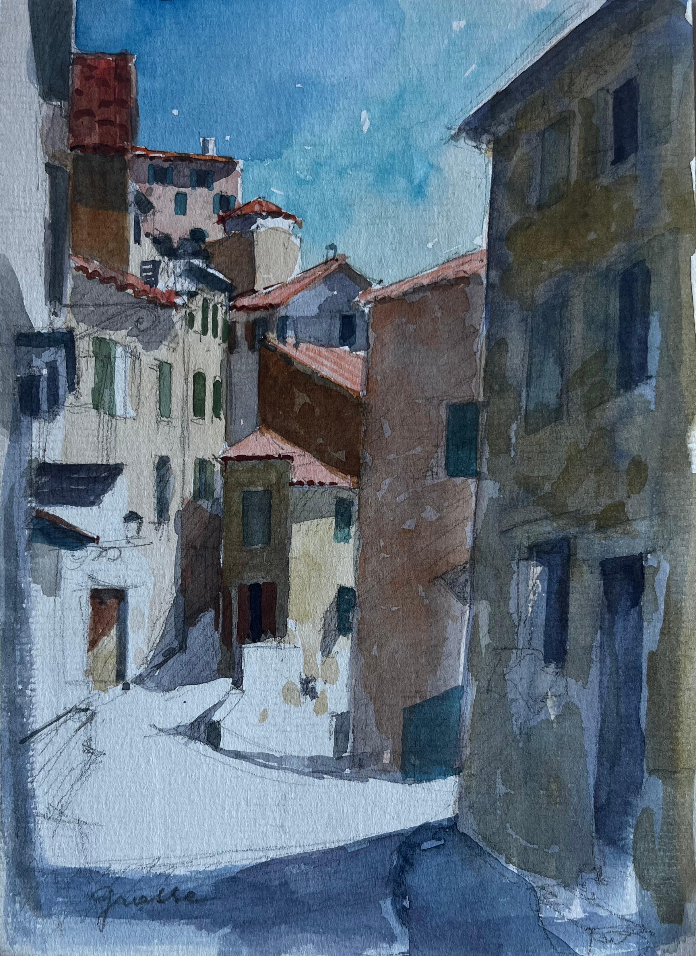 Grasse Provenza Villaggio illuminato dal sole Scena di strada Acquerello di Pierre Neveu