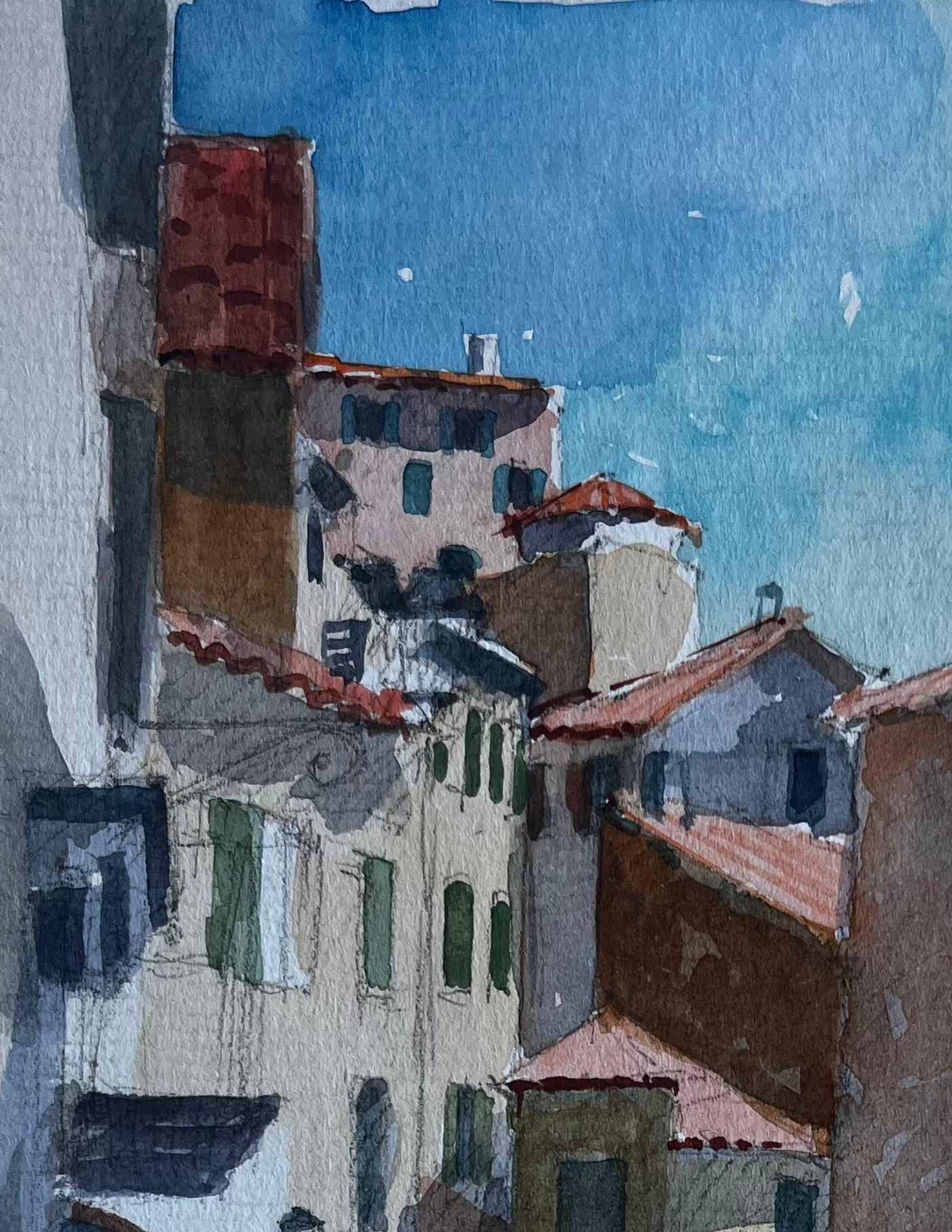 Grasse Provenza Escena callejera de pueblo iluminado por el sol Acuarela de Pierre Neveu en venta 2