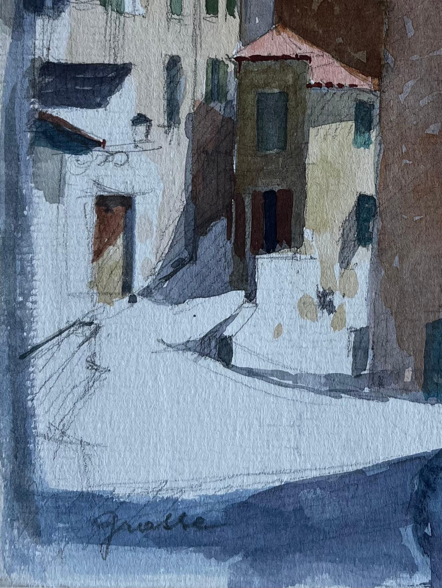 Grasse Provenza Escena callejera de pueblo iluminado por el sol Acuarela de Pierre Neveu en venta 5