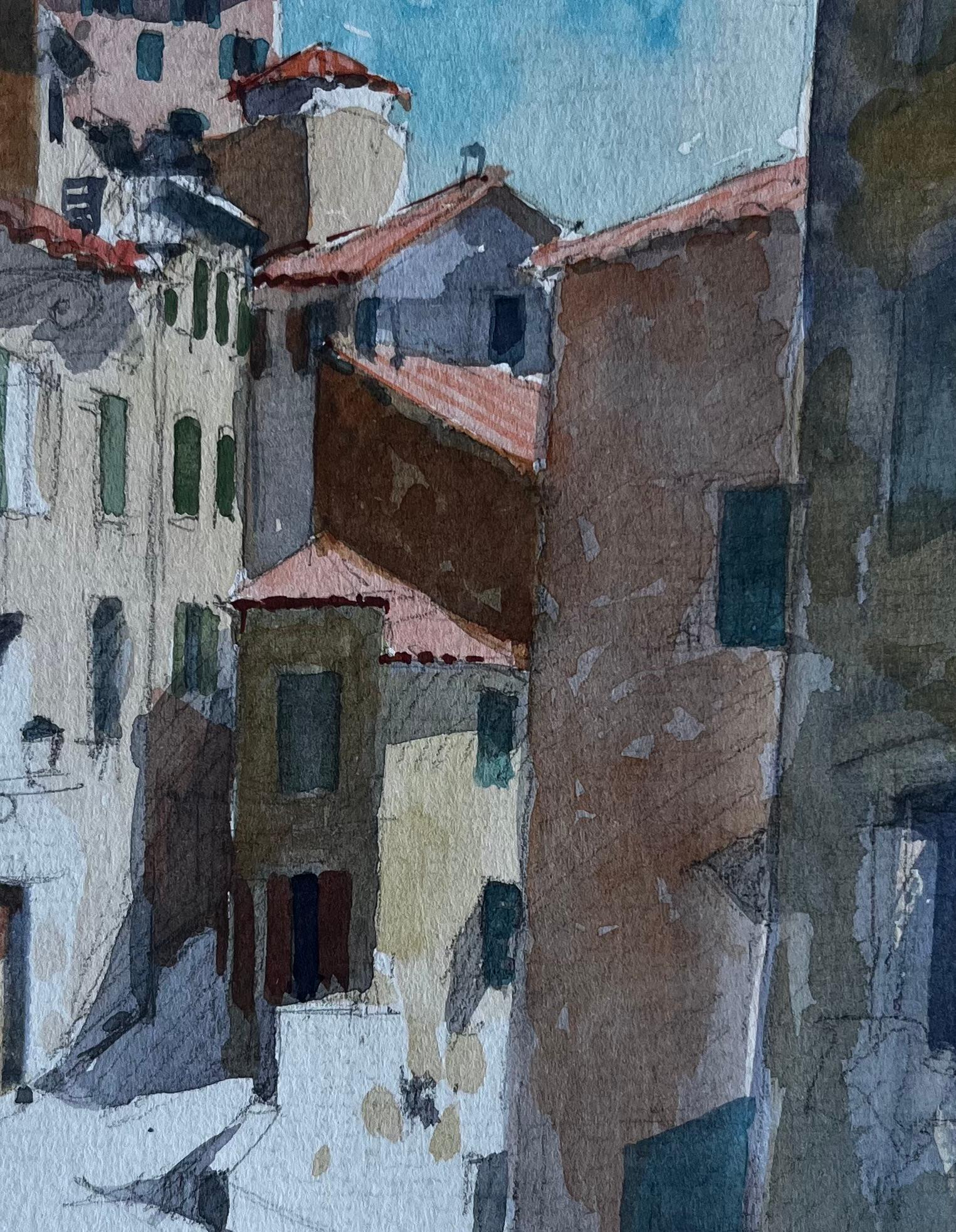 Grasse Provenza Escena callejera de pueblo iluminado por el sol Acuarela de Pierre Neveu en venta 6