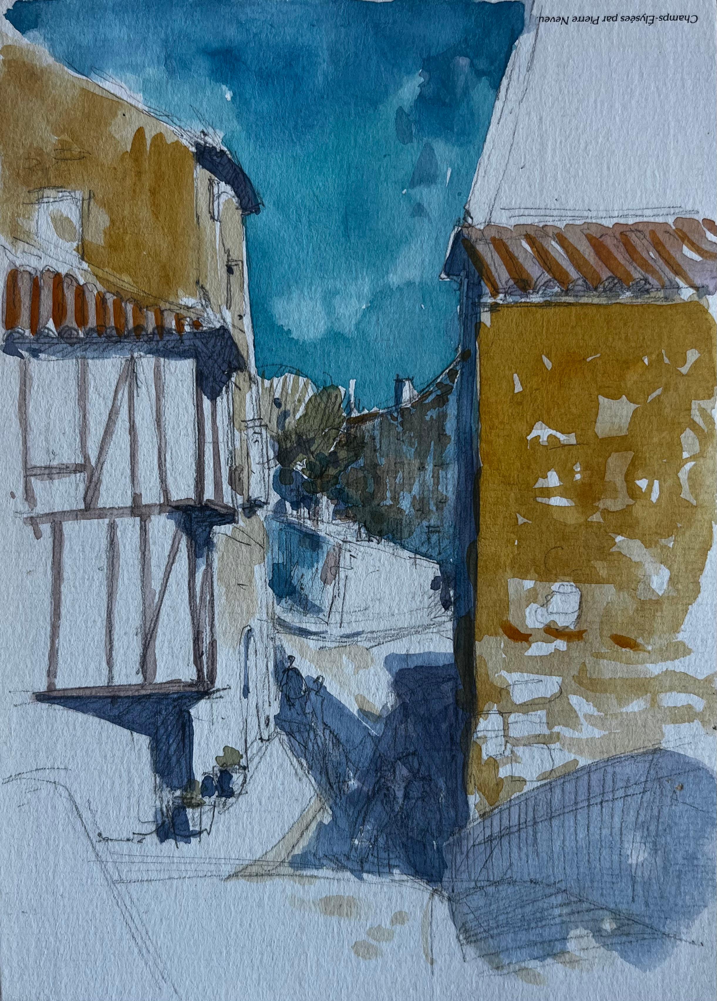 Scena di strada di un villaggio medievale nel sud-ovest della Francia Acquerello di Pierre Neveu