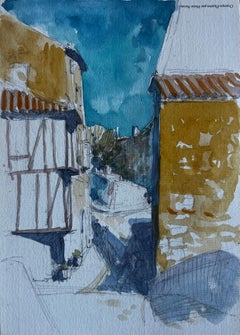 Scena di strada di un villaggio medievale nel sud-ovest della Francia Acquerello di Pierre Neveu