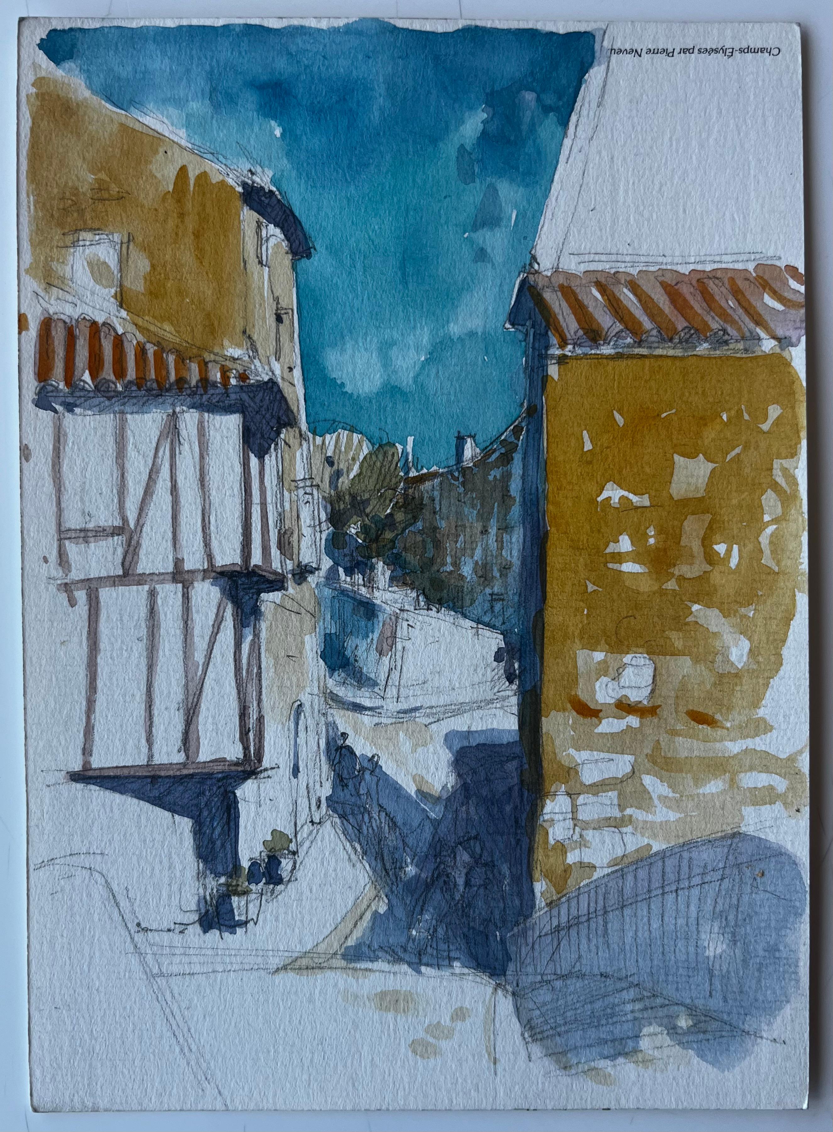 Scena di strada di un villaggio medievale nel sud-ovest della Francia Acquerello di Pierre Neveu in vendita 1