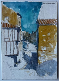 Medieval Village Street Scene Southwest France Watercolour by Pierre Neveu