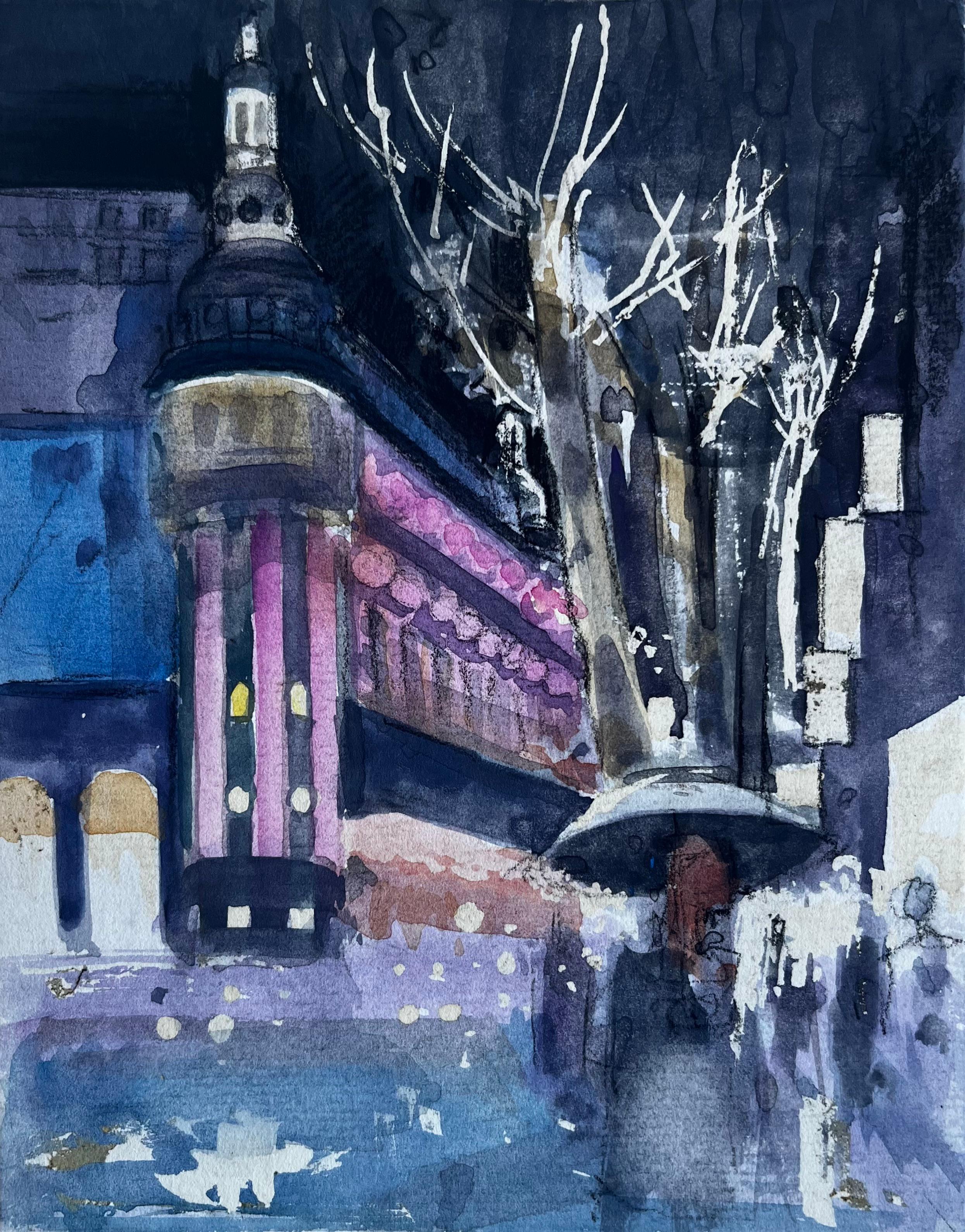 Boulevard Haussmann Paris Scène de nuit Aquarelle de Pierre Neveu Artiste français