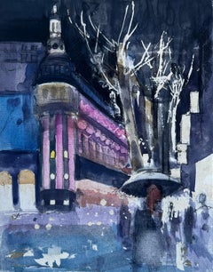 Boulevard Haussmann Paris Night Scene Watercolour by Pierre Neveu French Artist
