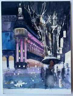 Boulevard Haussmann París Escena nocturna Acuarela de Pierre Neveu Artista francés