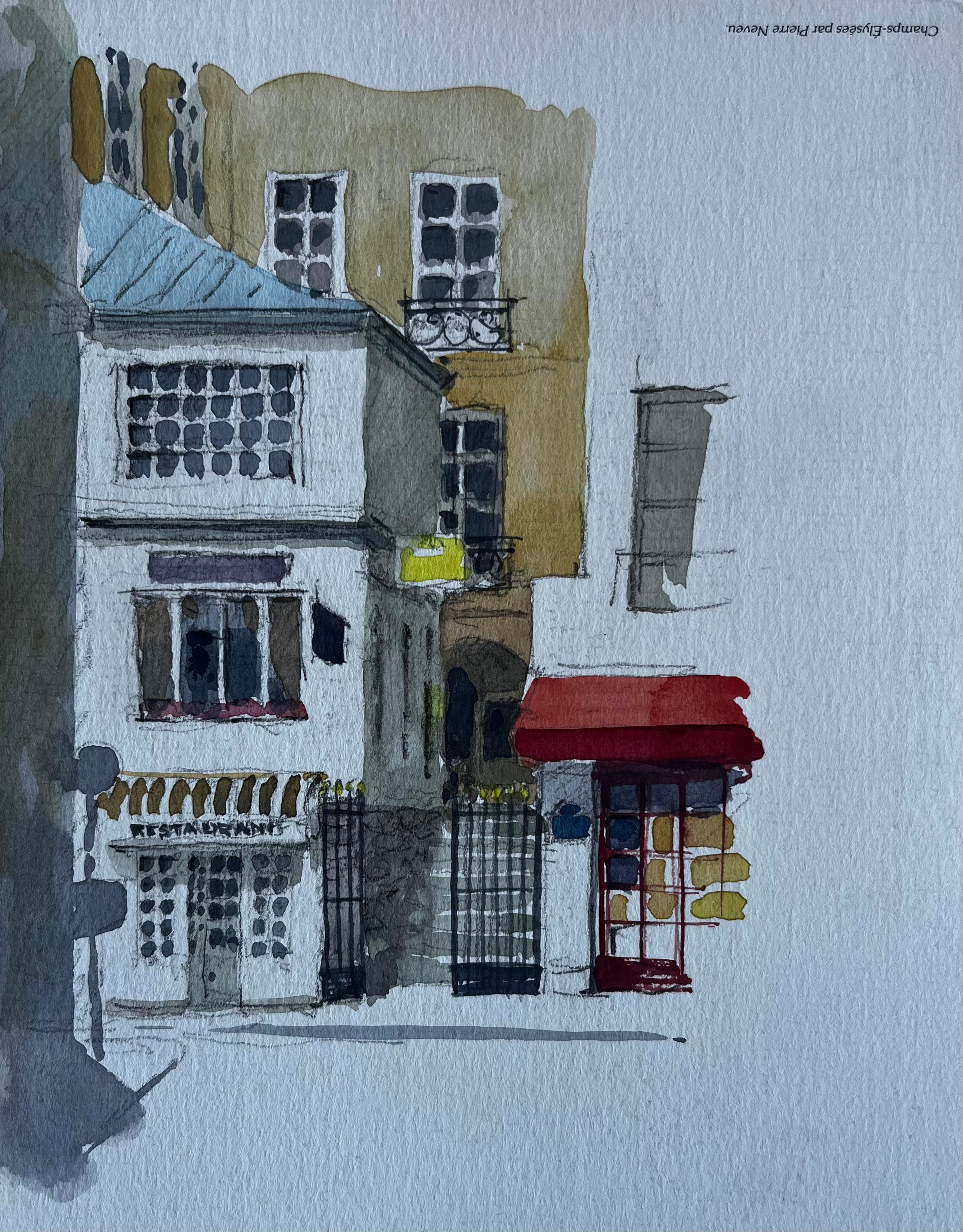 Scène de rue à Paris avec auvent rouge et grilles en fer Aquarelle de Pierre Neveu