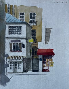 Paris Street Scene with Red Awning and Iron Gates Watercolour by Pierre Neveu