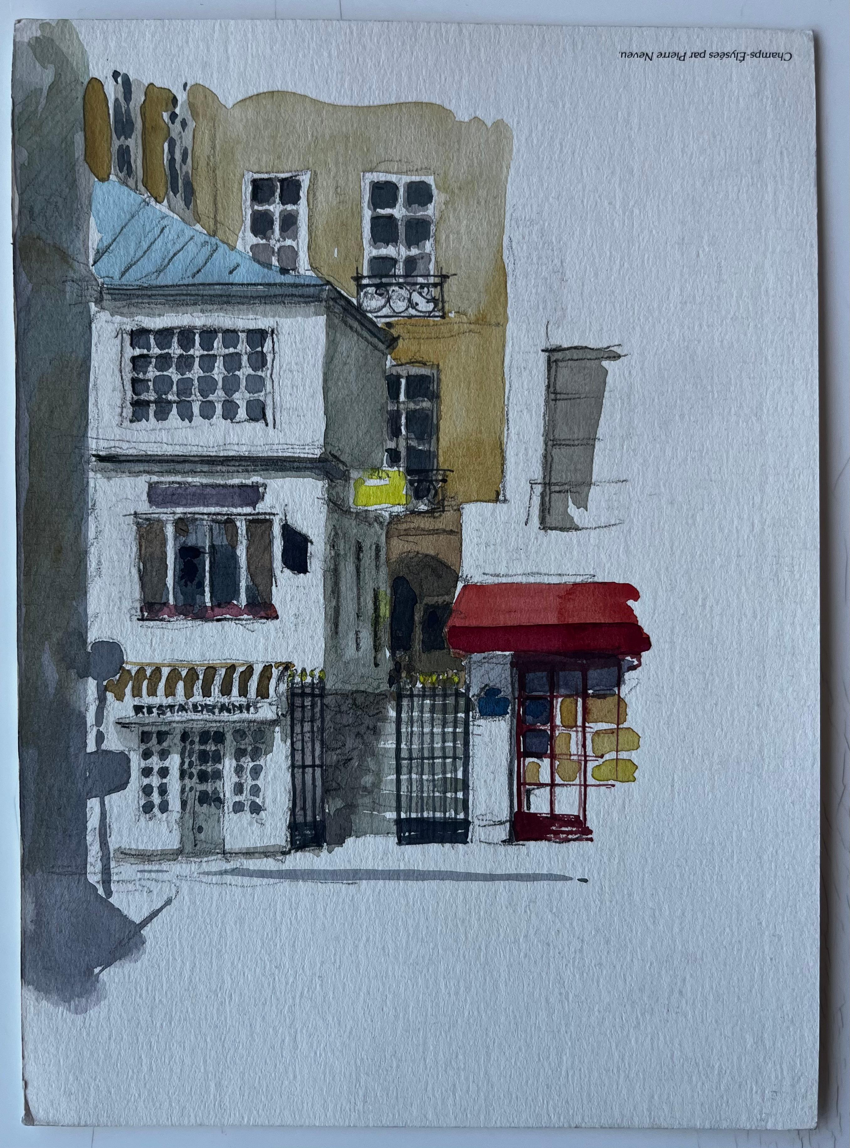 Pariser Straßenszene mit roter Markise und eisernen Toren Aquarell von Pierre Neveu im Angebot 1