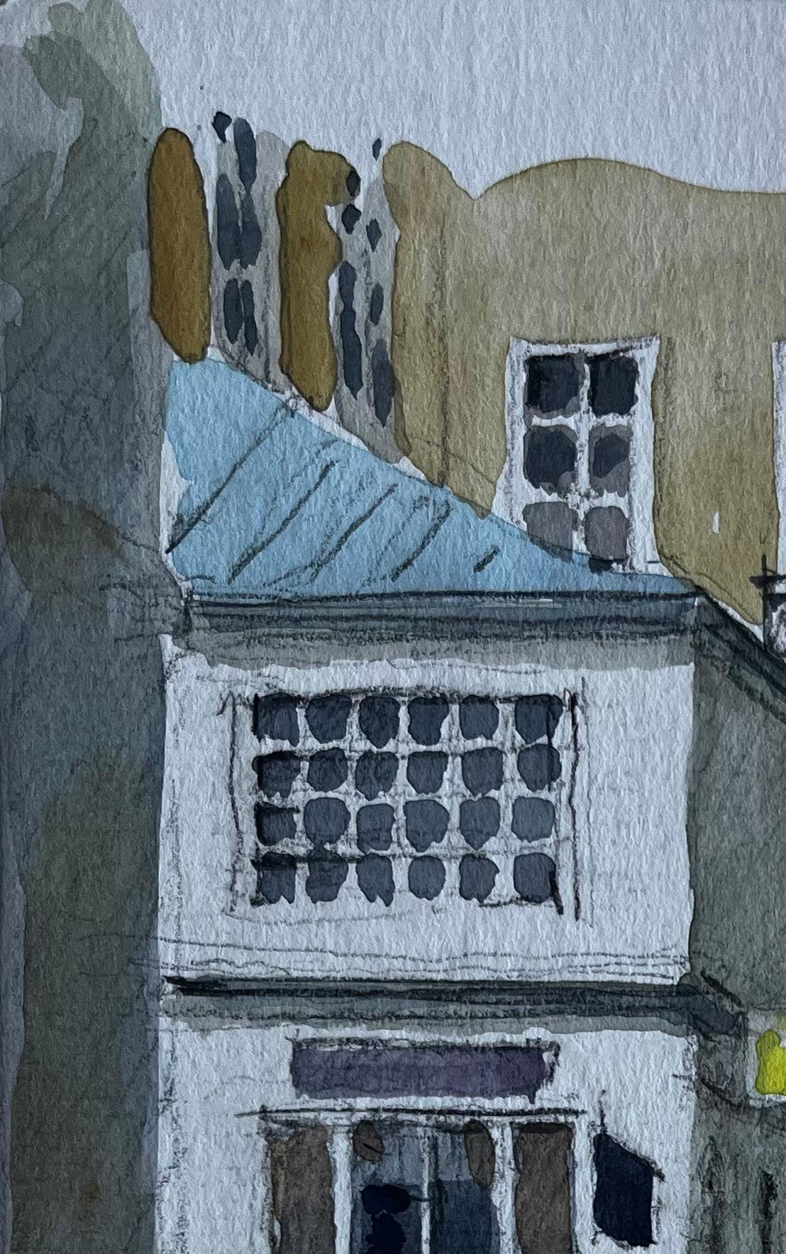 Pariser Straßenszene mit roter Markise und eisernen Toren Aquarell von Pierre Neveu im Angebot 3