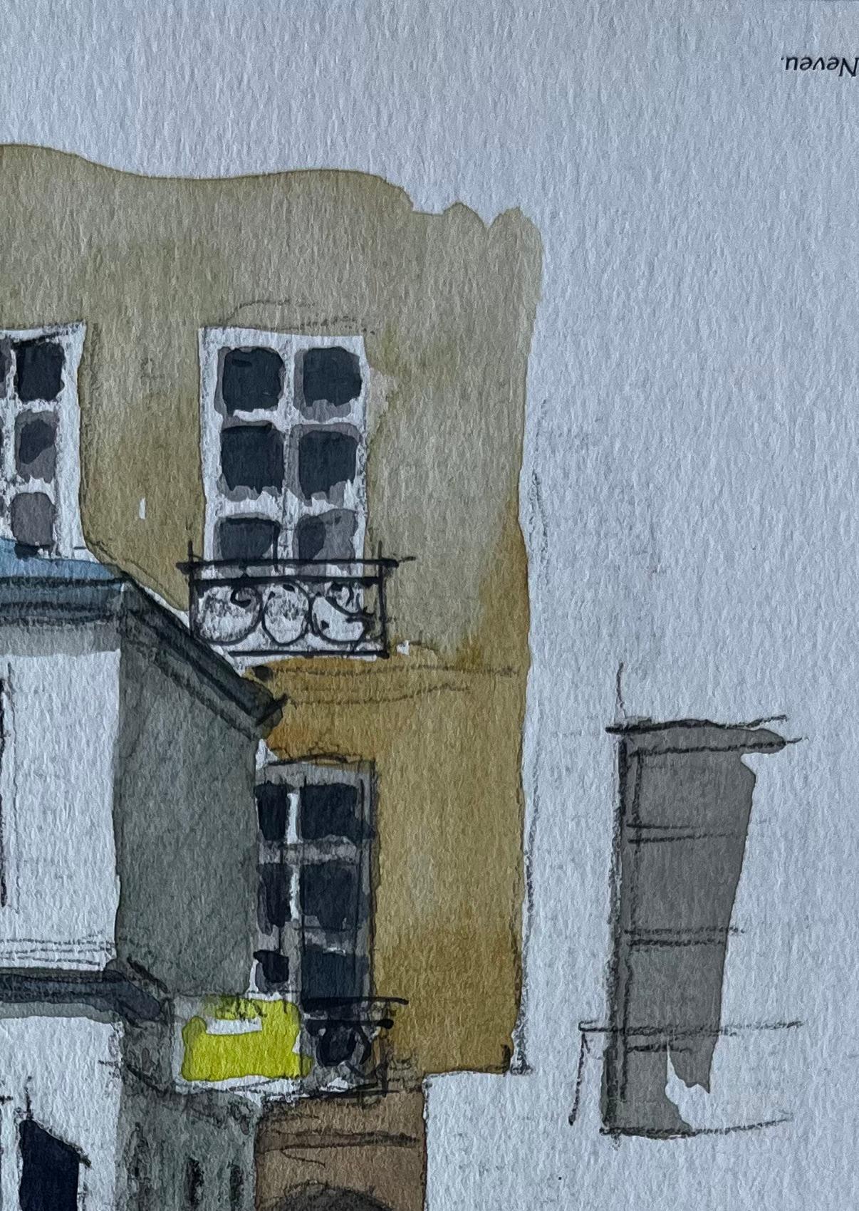 Pariser Straßenszene mit roter Markise und eisernen Toren Aquarell von Pierre Neveu im Angebot 2