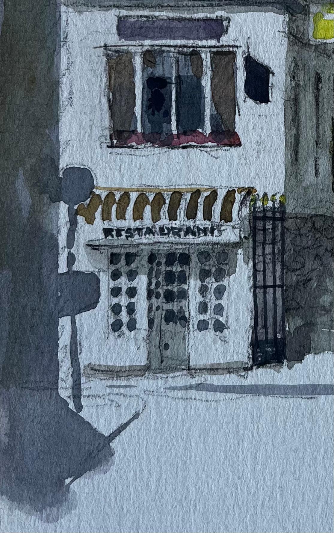 Pariser Straßenszene mit roter Markise und eisernen Toren Aquarell von Pierre Neveu im Angebot 5