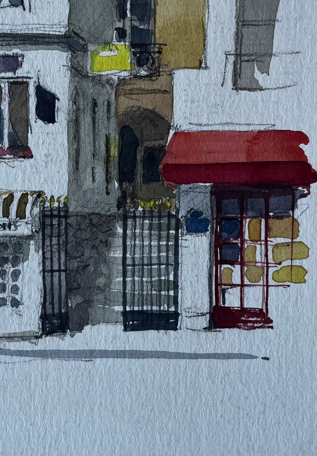 Pariser Straßenszene mit roter Markise und eisernen Toren Aquarell von Pierre Neveu im Angebot 4