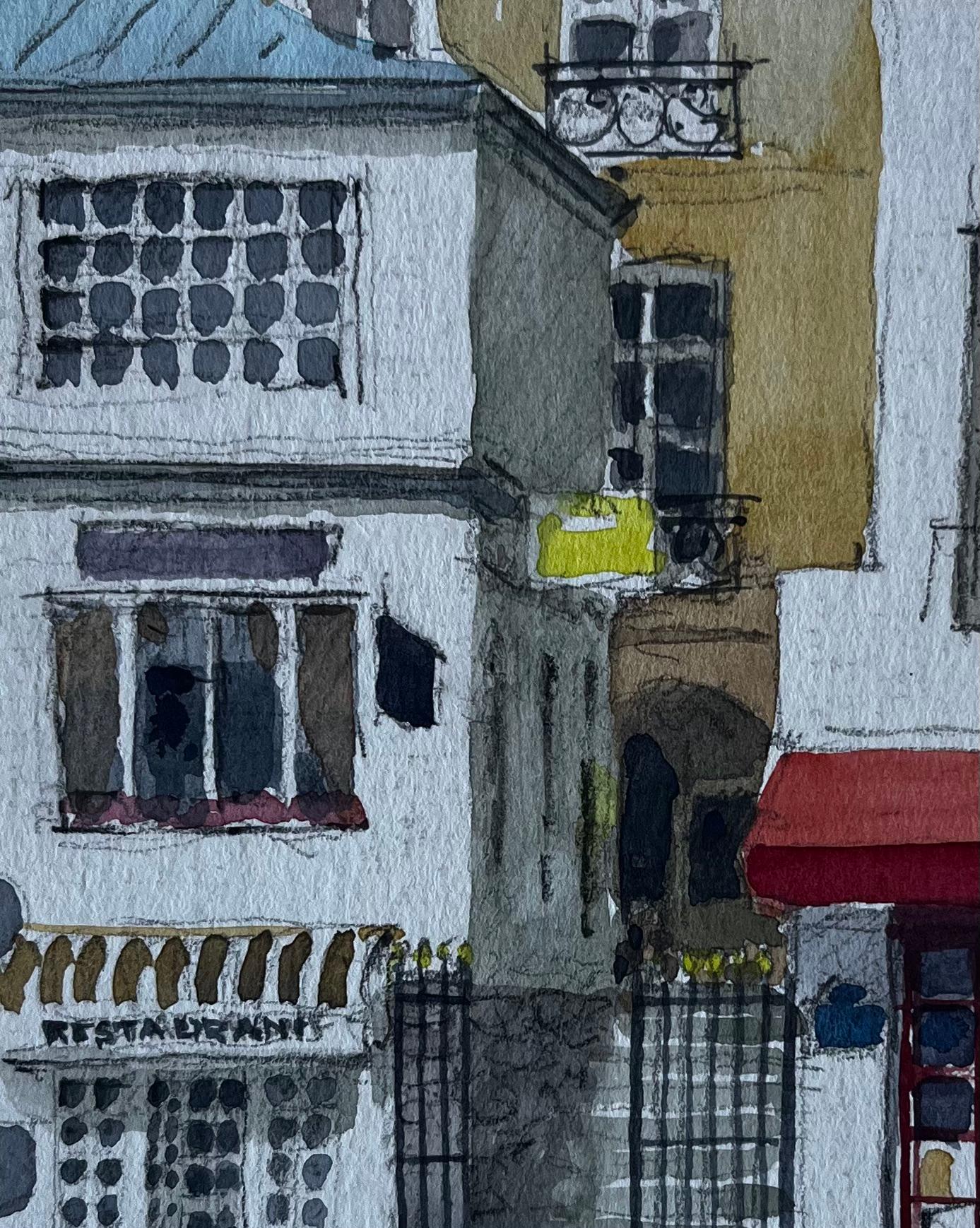 Pariser Straßenszene mit roter Markise und eisernen Toren Aquarell von Pierre Neveu im Angebot 6