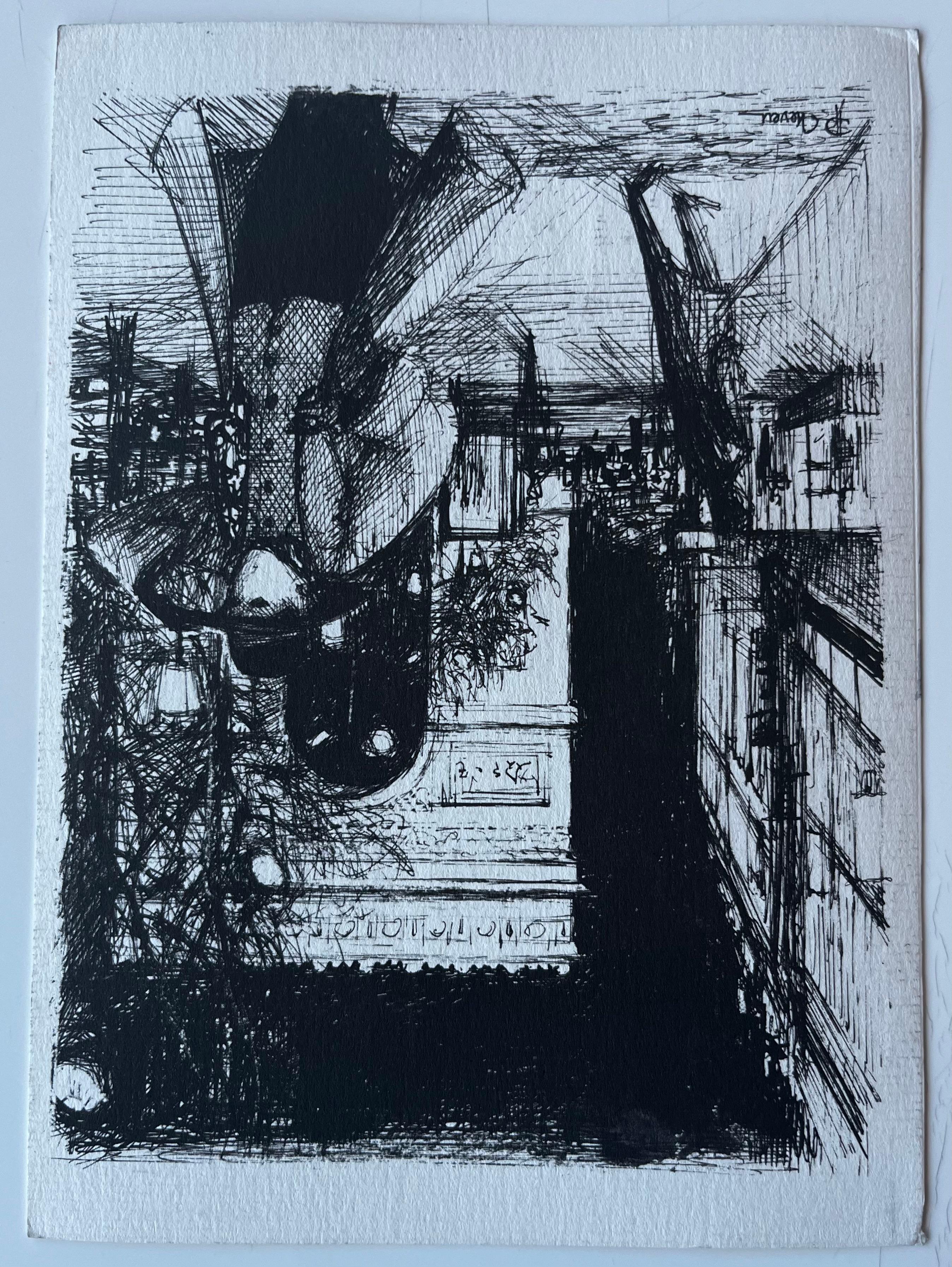 Pariser Straßenszene mit roter Markise und eisernen Toren Aquarell von Pierre Neveu im Angebot 7