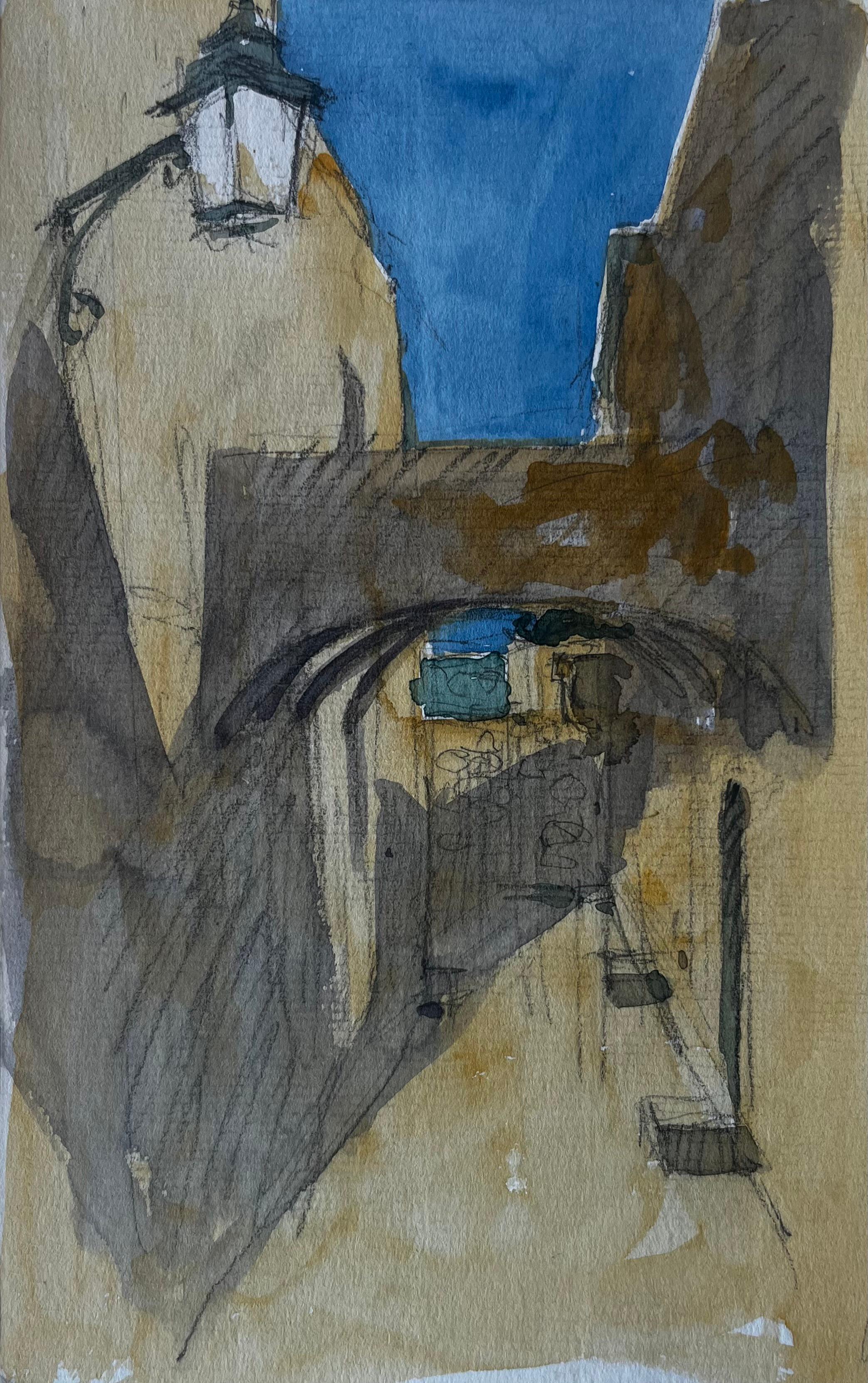 Arcade ensoleillée et rue étroite Southern France Aquarelle de Pierre Neveu