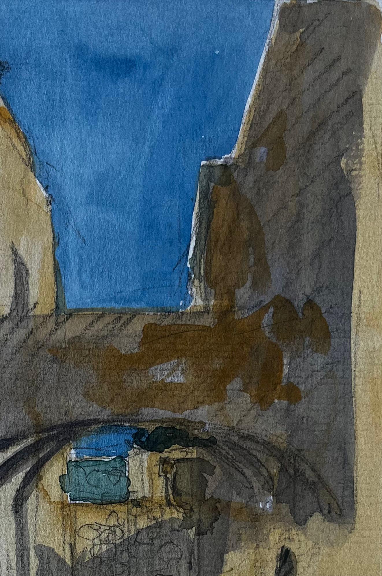 Arcade ensoleillée et rue étroite Southern France Aquarelle de Pierre Neveu en vente 2
