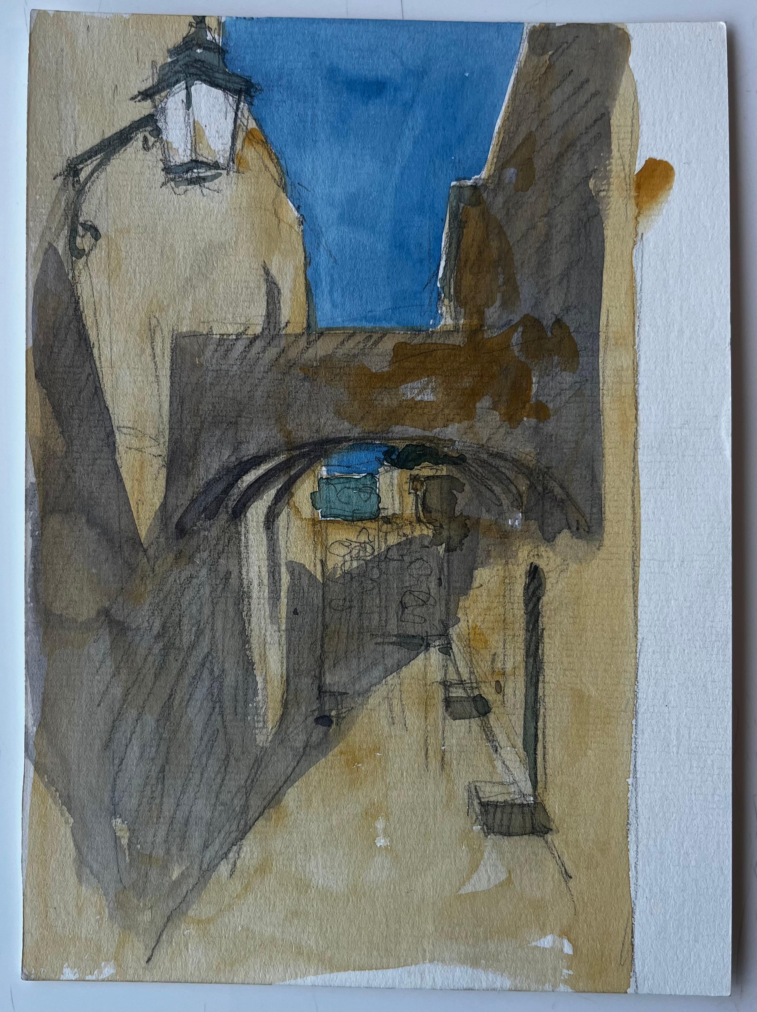 Arcade ensoleillée et rue étroite Southern France Aquarelle de Pierre Neveu en vente 1